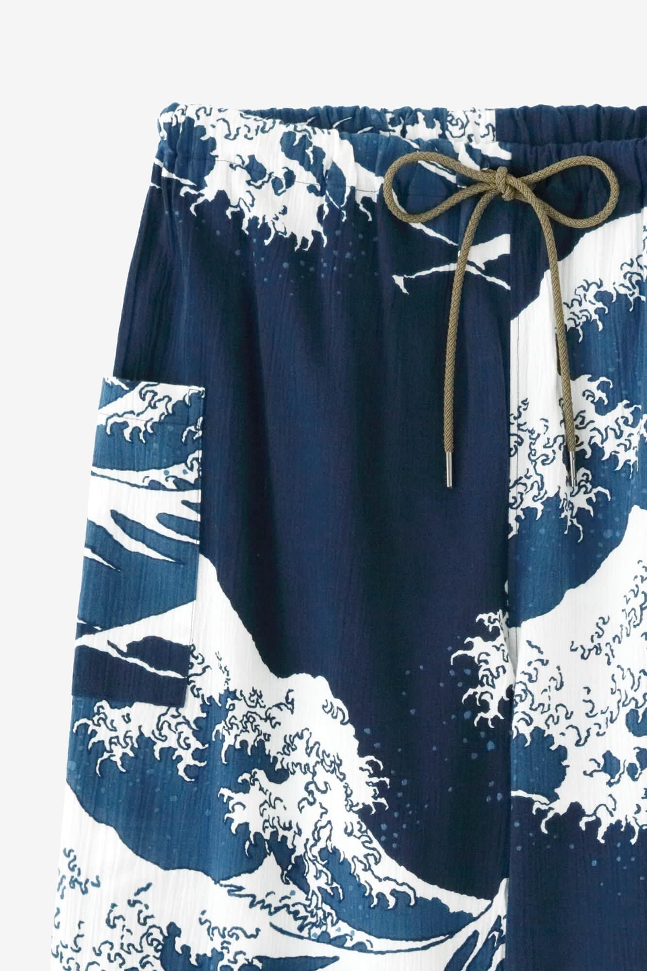 高島縮棉 20/20 藍捺染 哈倫褲／北齋 神奈川沖浪裏 再現