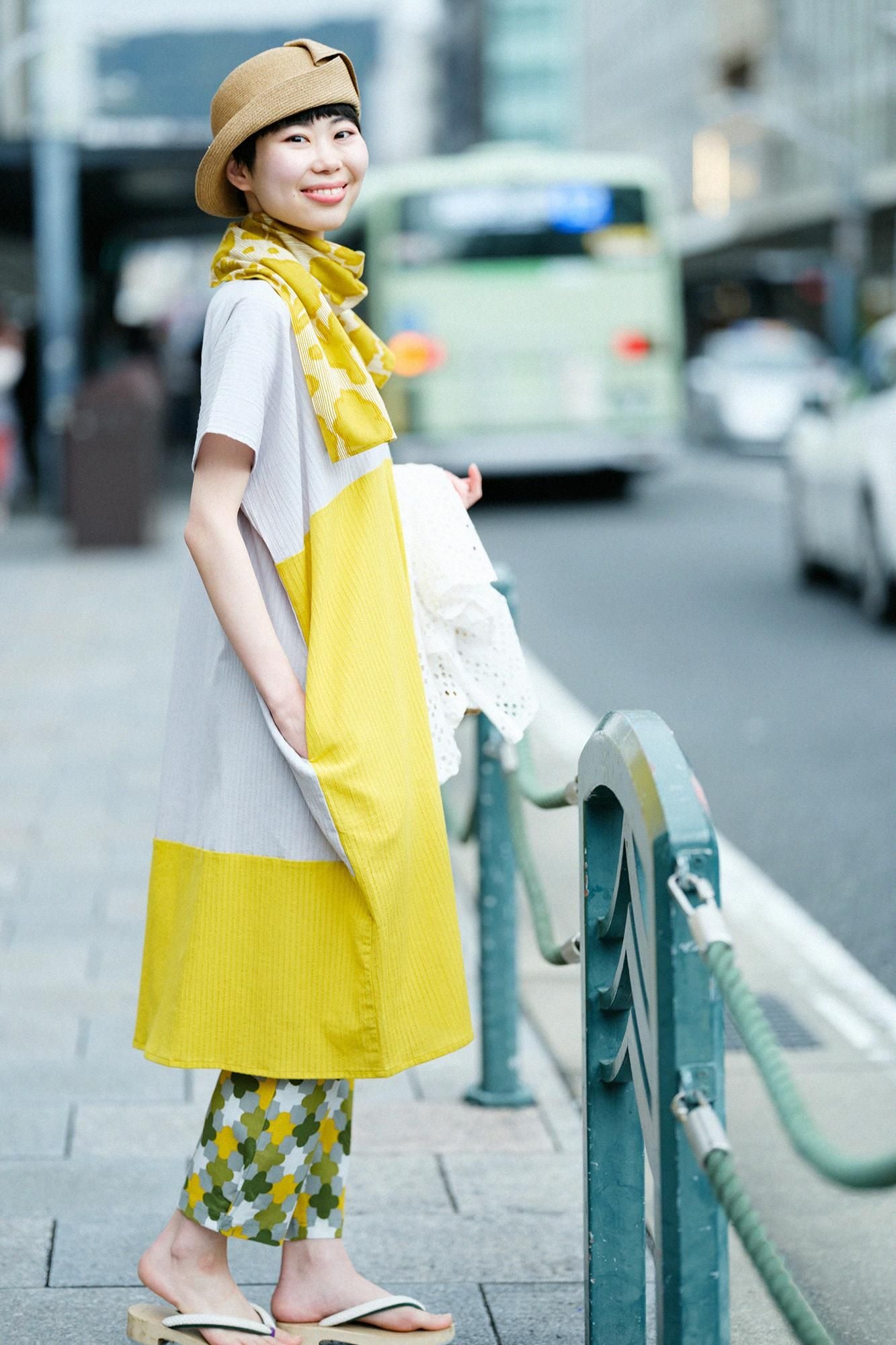 高島縮棉40/20空羽長方形洋裝雙色/白灰色x金絲雀黃