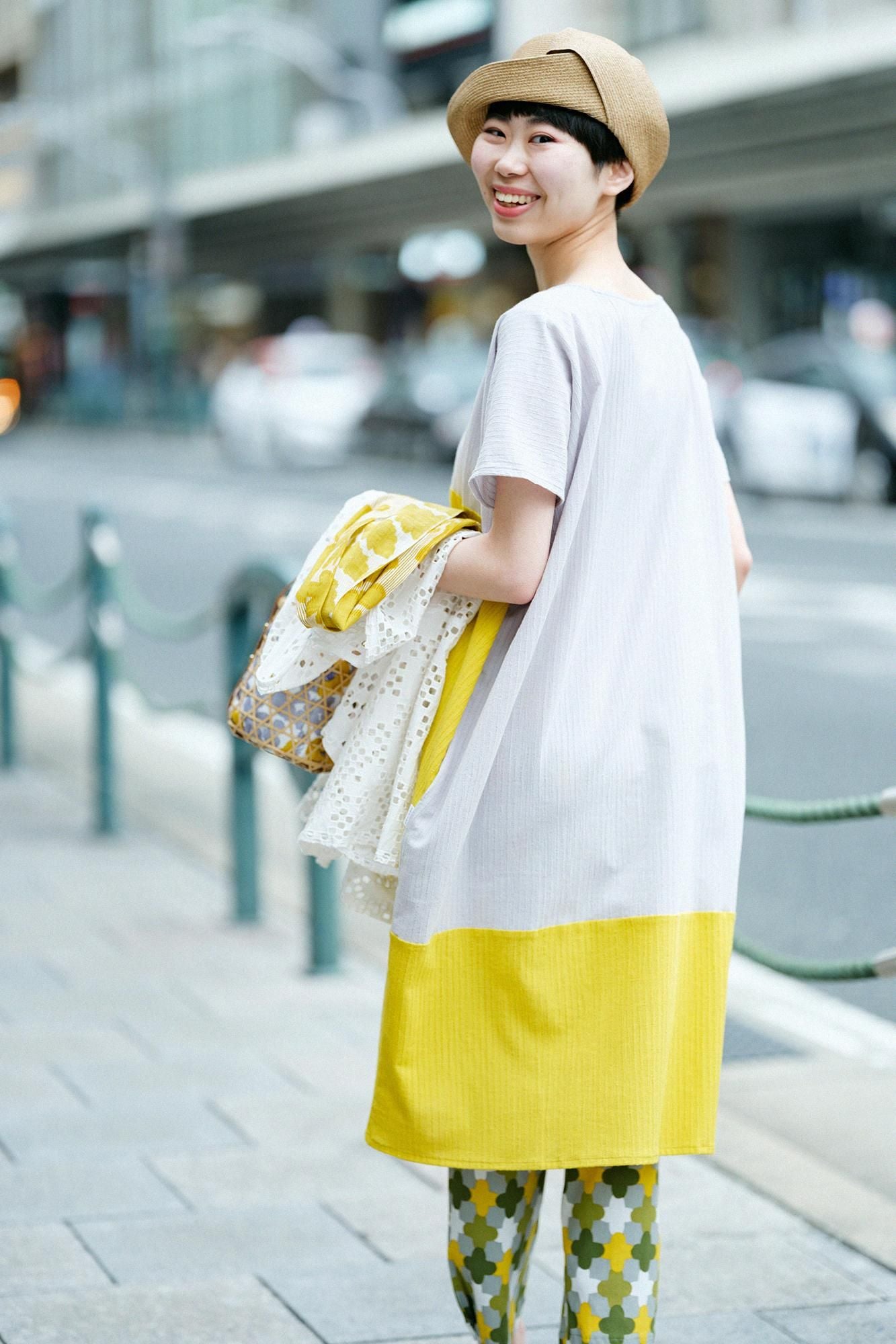 高島縮棉40/20空羽長方形洋裝雙色/白灰色x金絲雀黃