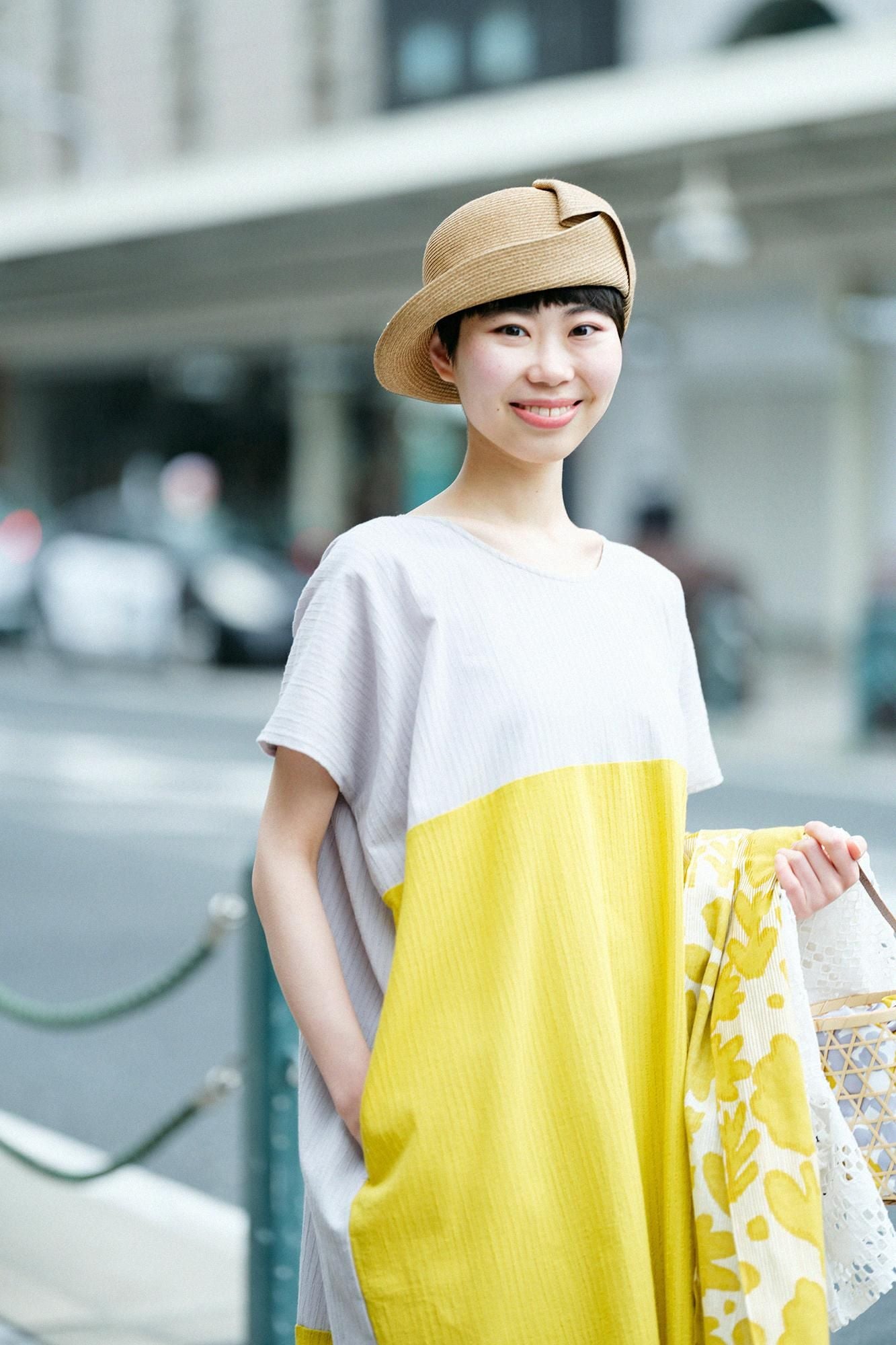 高島縮棉40/20空羽長方形洋裝雙色/白灰色x金絲雀黃