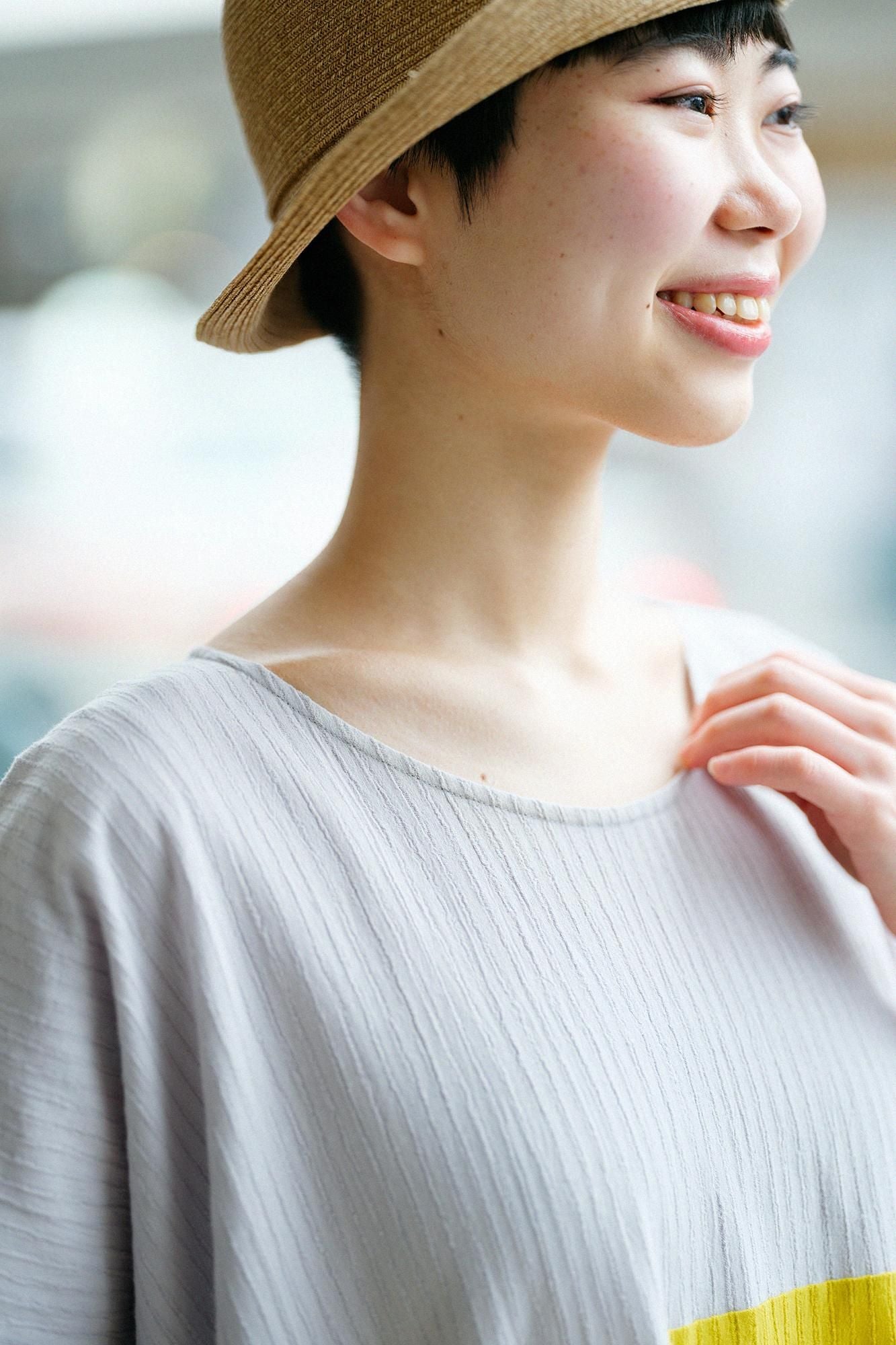 高島縮棉40/20空羽長方形洋裝雙色/白灰色x金絲雀黃