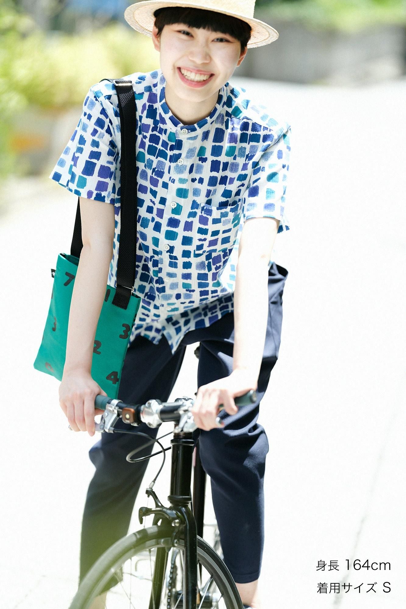 【net限定】高島縮 20/20 スタンドカラー半袖シャツ／絵具皿（えのぐざら） 水辺色（みずべいろ）