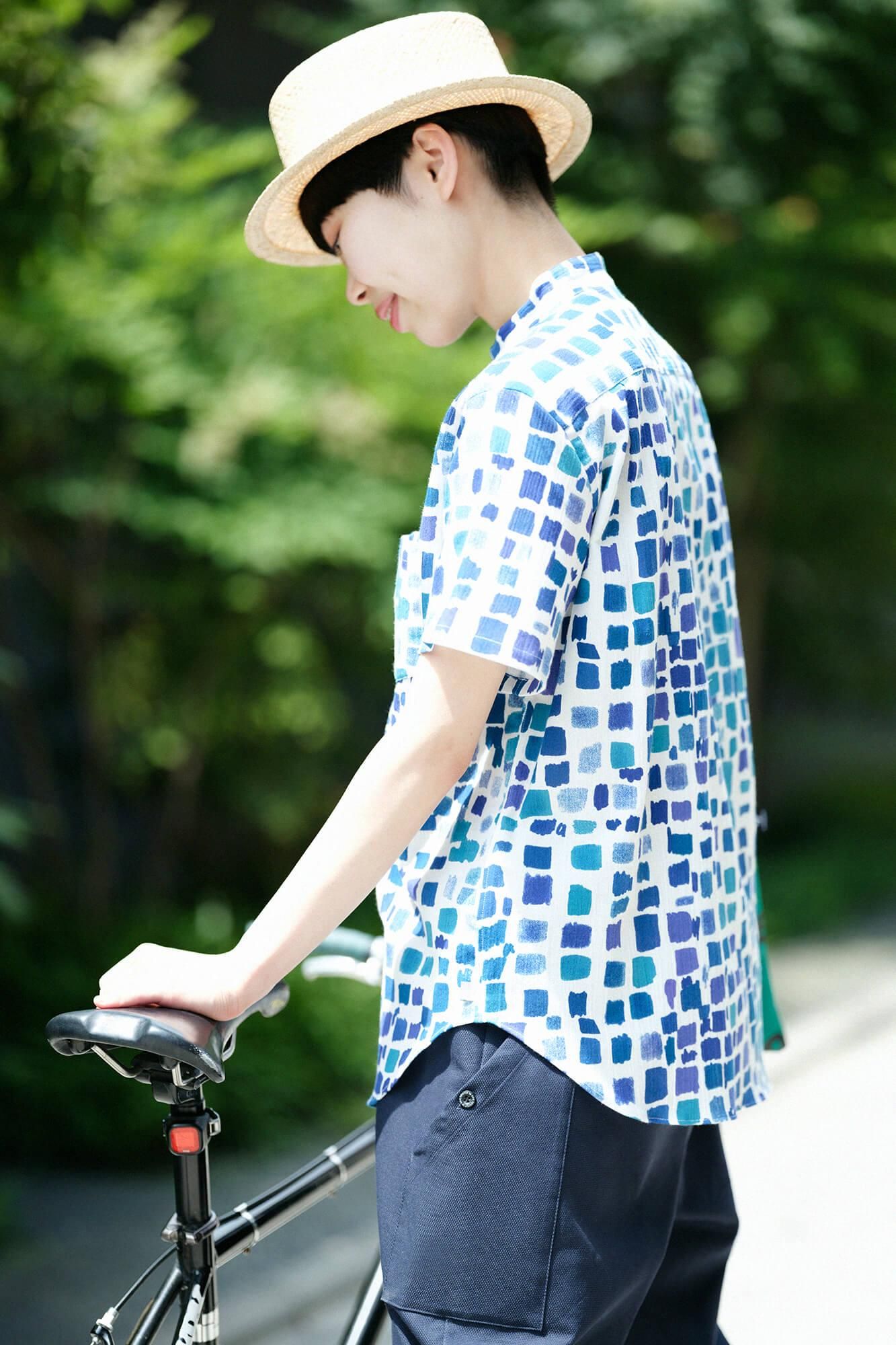 【net限定】高島縮 20/20 スタンドカラー半袖シャツ／絵具皿（えのぐざら） 水辺色（みずべいろ）