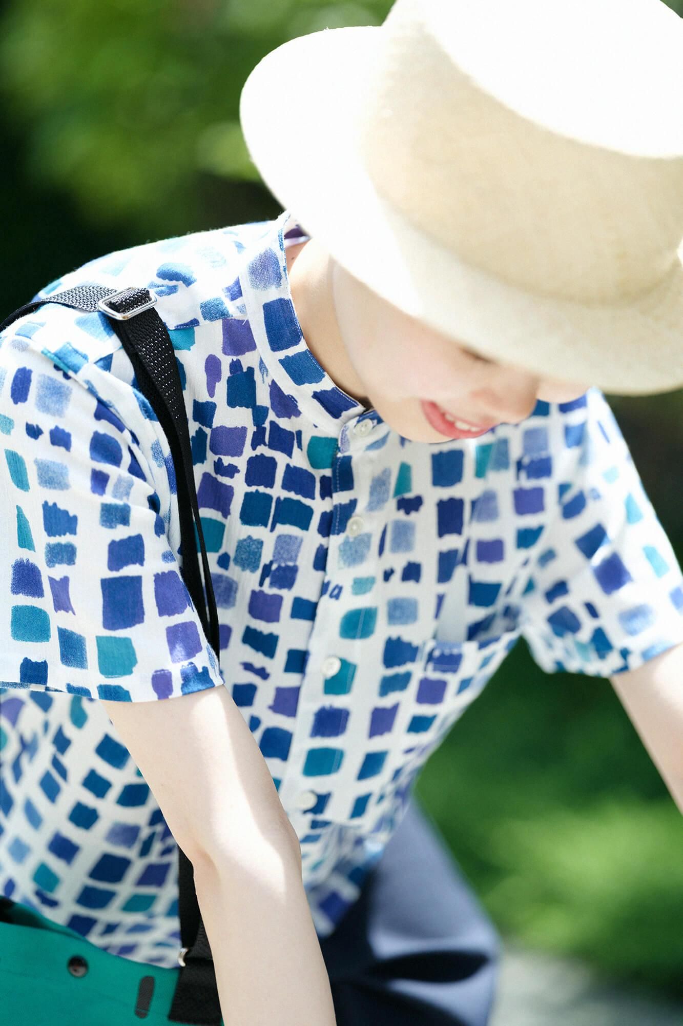 【net限定】高島縮 20/20 スタンドカラー半袖シャツ／絵具皿（えのぐざら） 水辺色（みずべいろ）