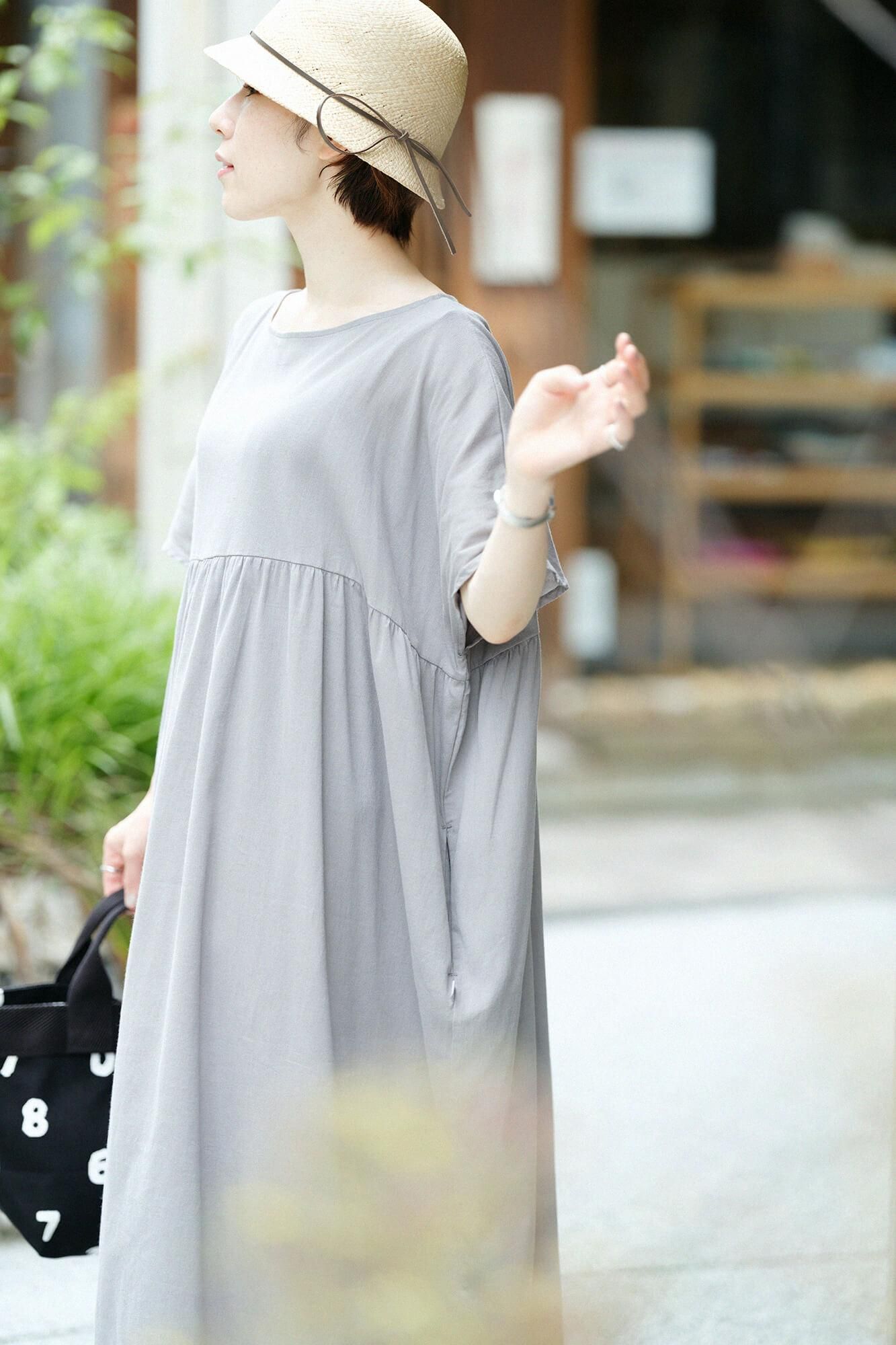 高島縮棉 40/40皺紋褶紋洋裝/薄灰色