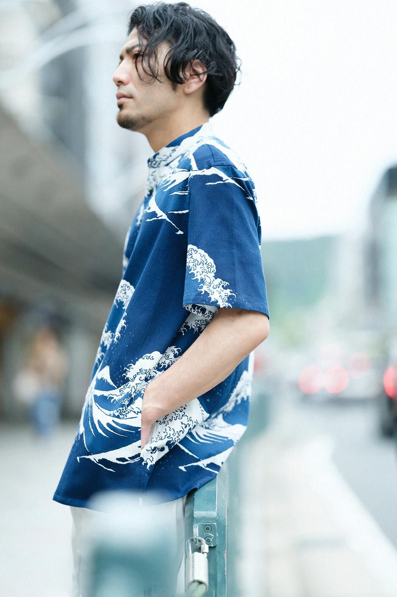 net限定】高島縮 20/20 藍捺染（あいなせん） スタンドカラー半袖