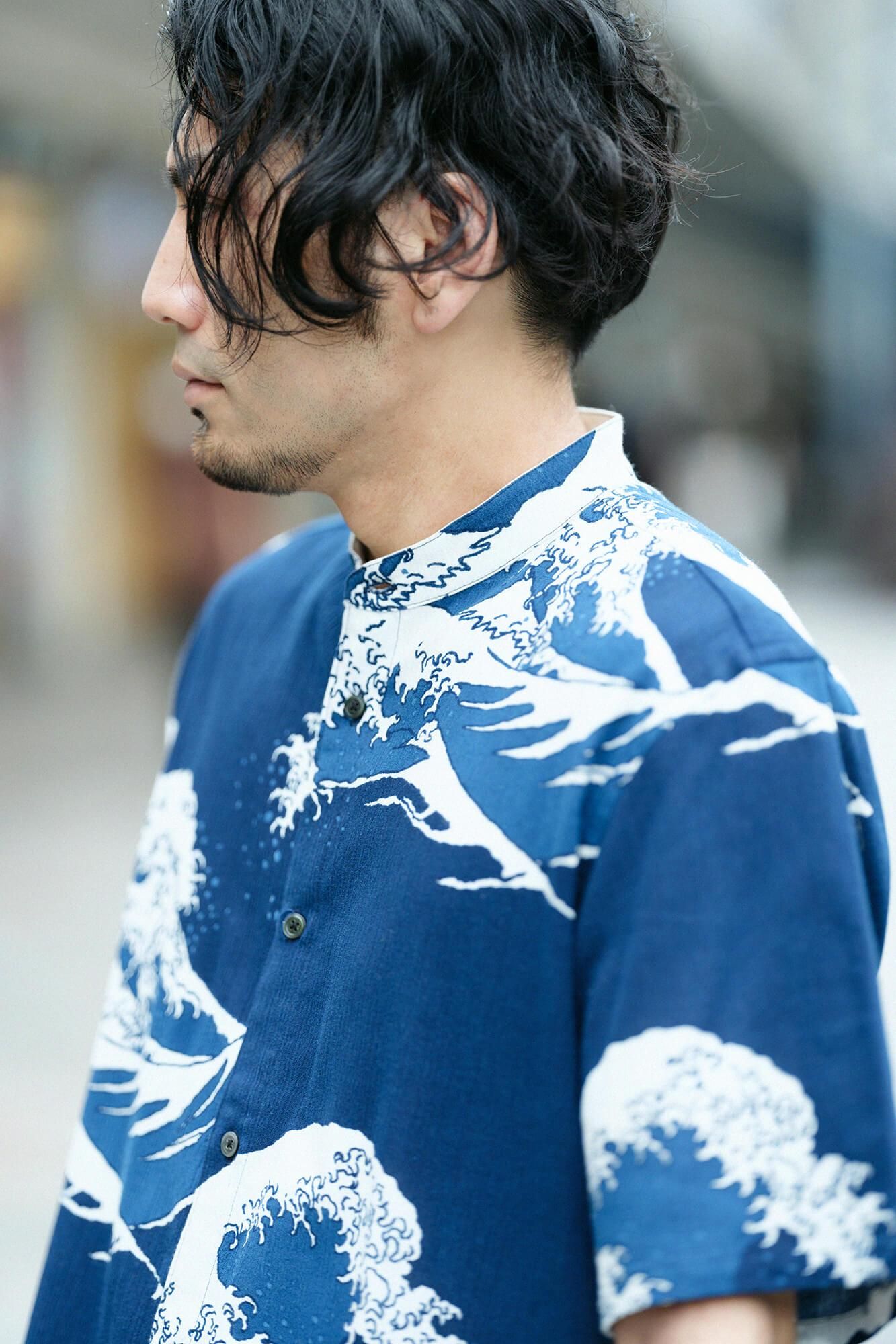 高島縮棉 20/20藍捺染立領短袖襯衫 SP /北齋神奈川沖浪裏 再現