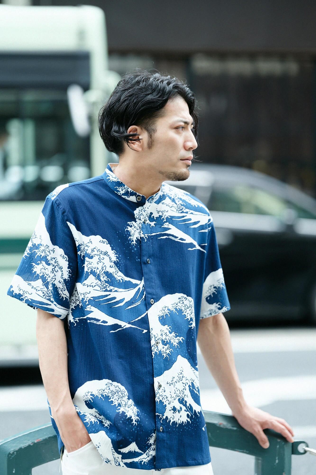 net限定】高島縮 20/20 藍捺染（あいなせん） スタンドカラー半袖