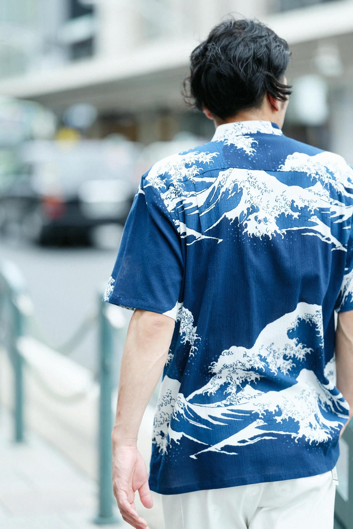 net限定】高島縮 20/20 藍捺染（あいなせん） スタンドカラー半袖