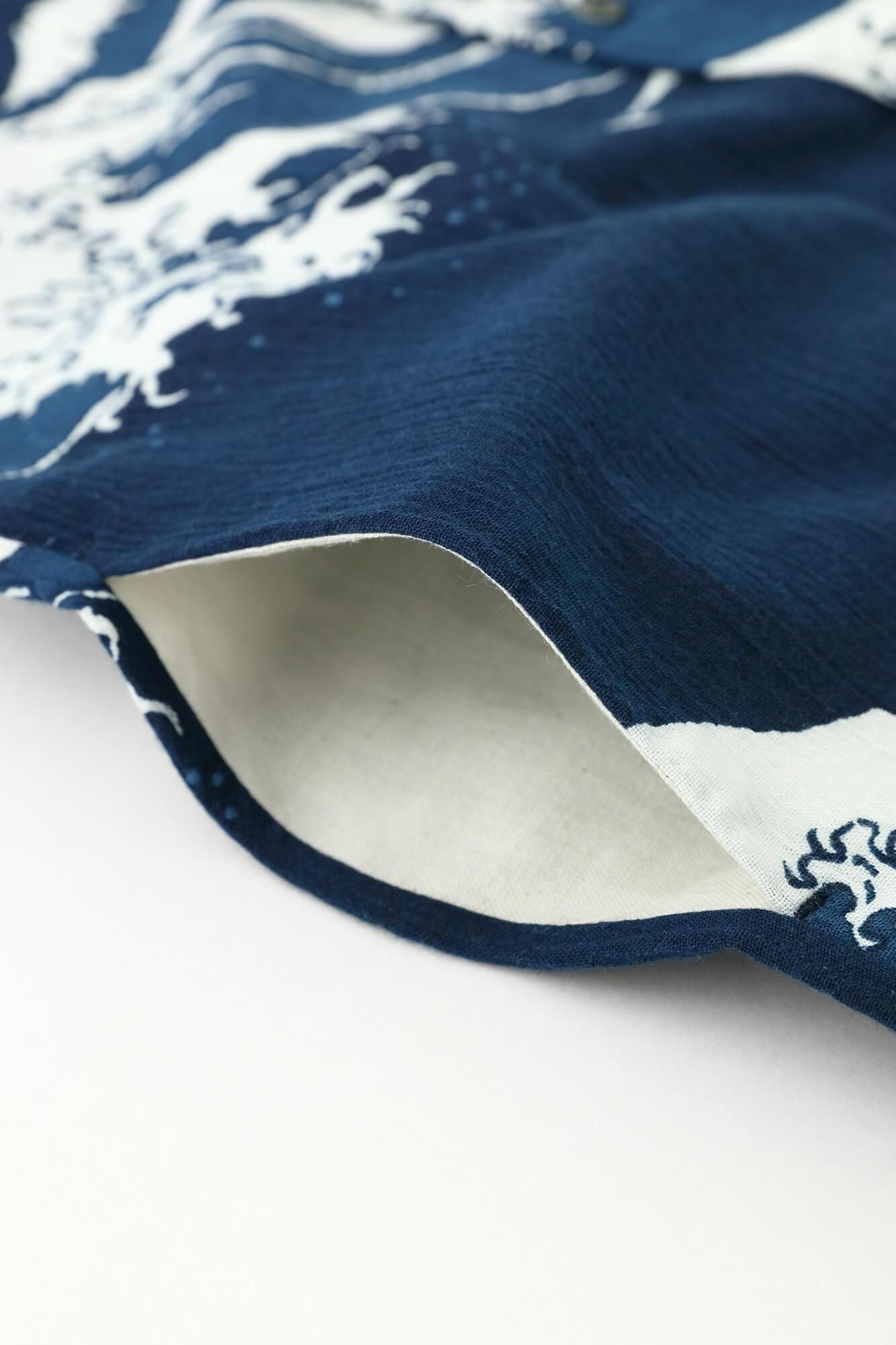 高島縮棉 20/20藍捺染立領短袖襯衫 SP /北齋神奈川沖浪裏 再現