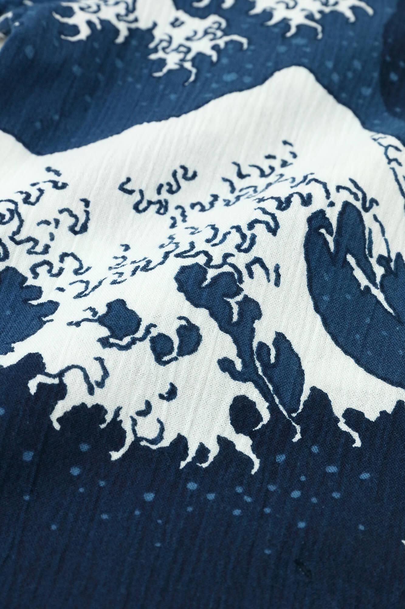 net限定】高島縮 20/20 藍捺染（あいなせん） スタンドカラー半袖