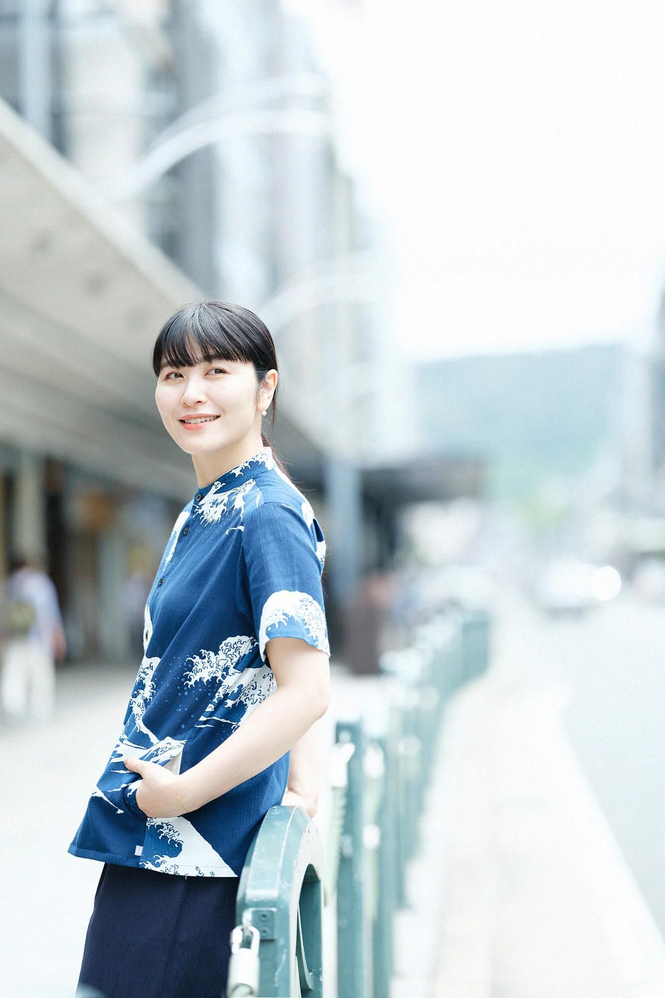 高島縮棉 20/20藍捺染立領短袖襯衫 SP /北齋神奈川沖浪裏 再現