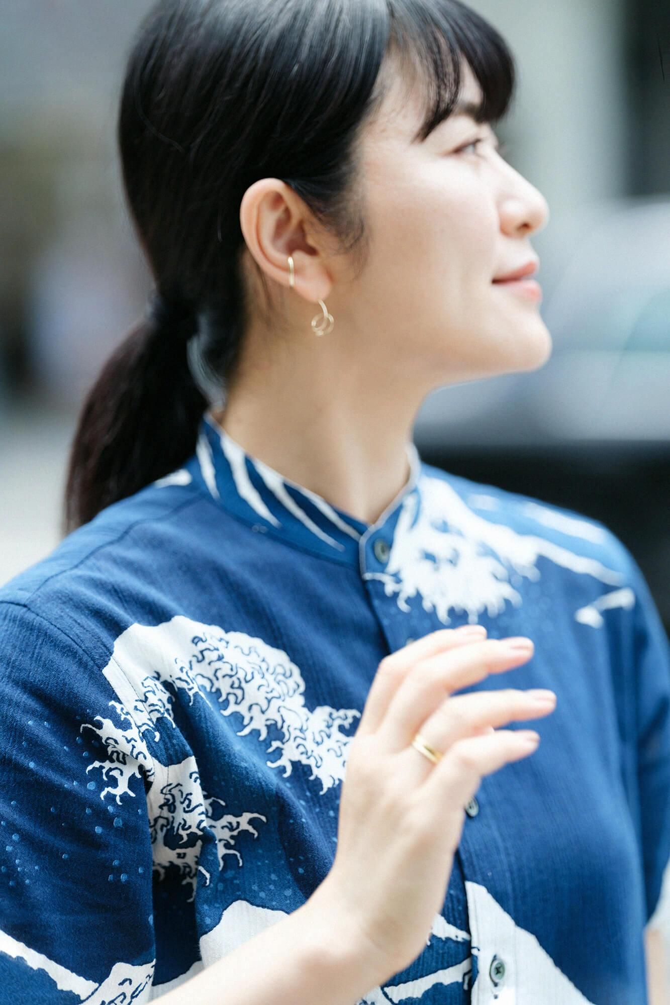 高島縮棉 20/20藍捺染立領短袖襯衫 SP /北齋神奈川沖浪裏 再現