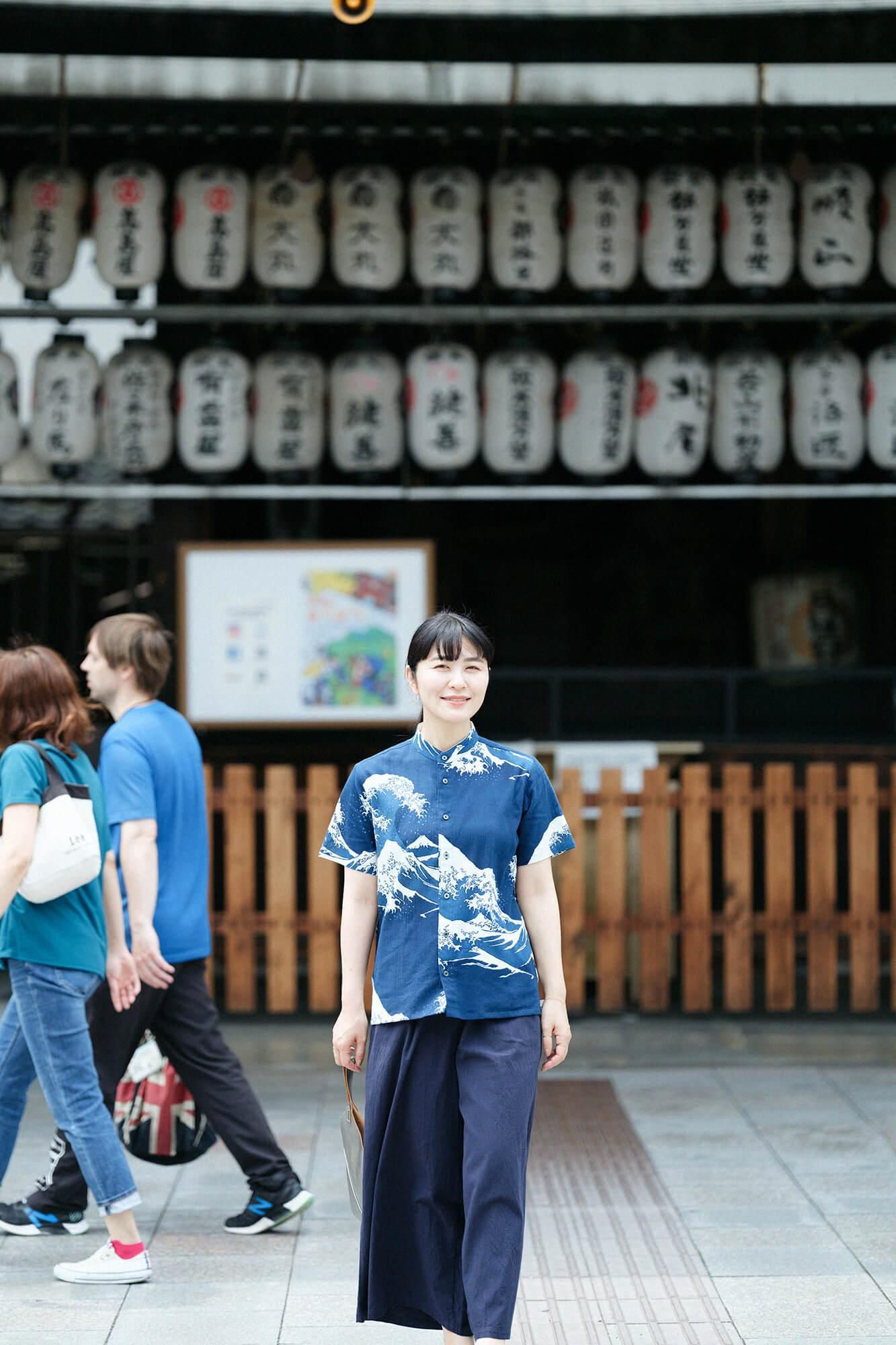 高島縮棉 20/20藍捺染立領短袖襯衫 SP /北齋神奈川沖浪裏 再現