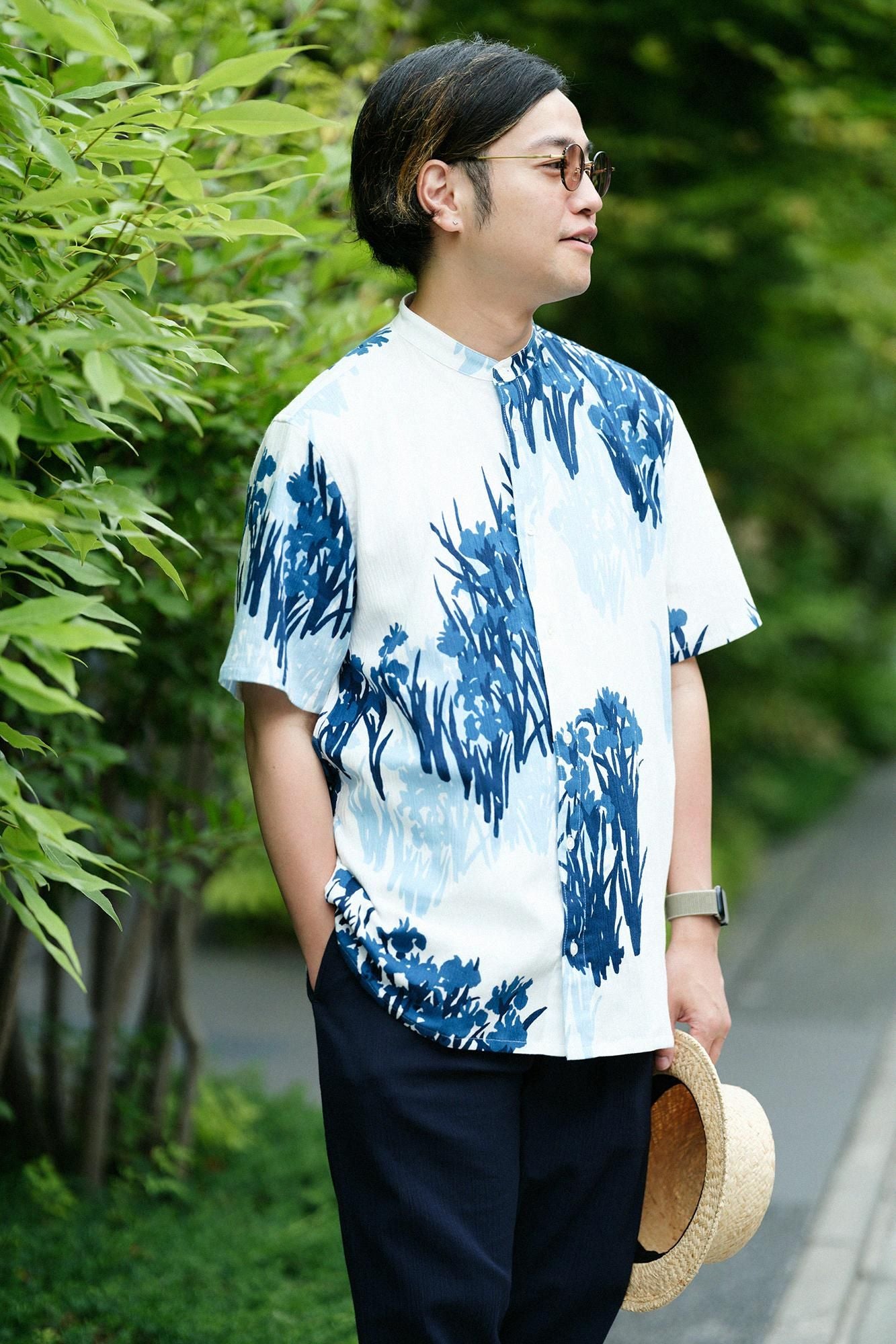 net限定】高島縮 20/20 藍捺染（あいなせん） スタンドカラー半袖