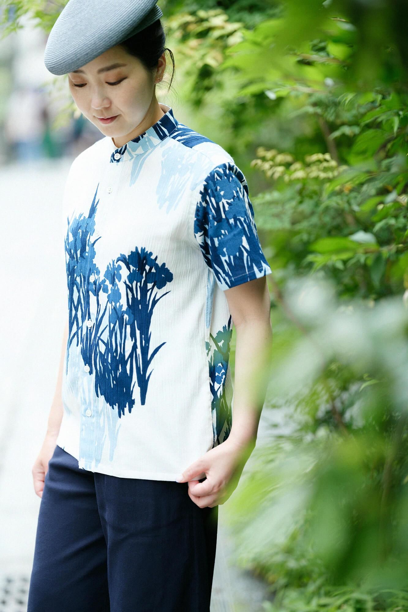 [仅在线] Takashima Shui 20/20 Indigo Printing（Ainasen）支架套圈短袖衬衫SP/Korin tsubameko花屏幕（Kakitsubatazubiobi）副本（传送带）