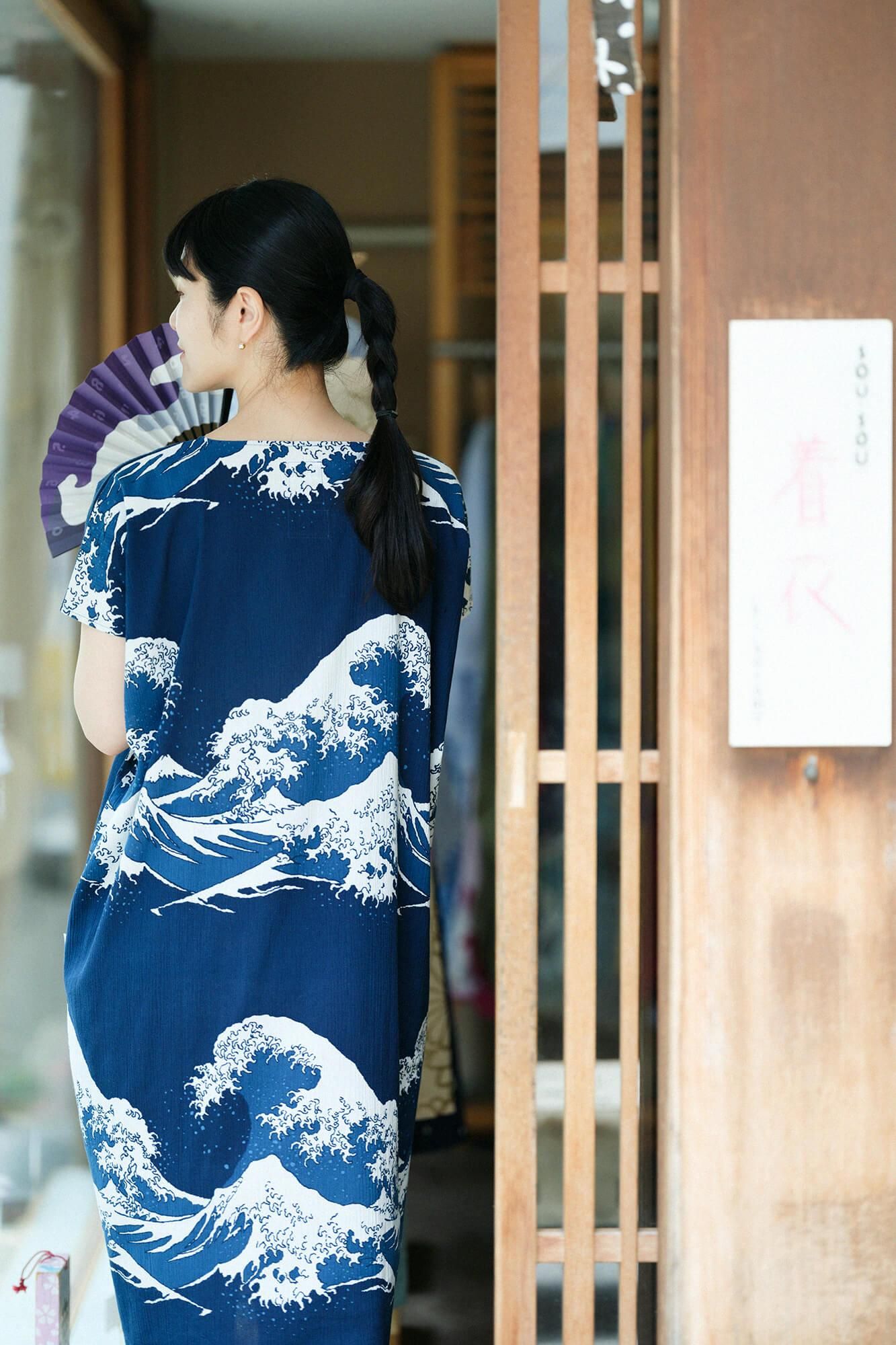高島縮棉 20/20藍捺染長方形洋裝／北齋 神奈川沖浪裏 再現