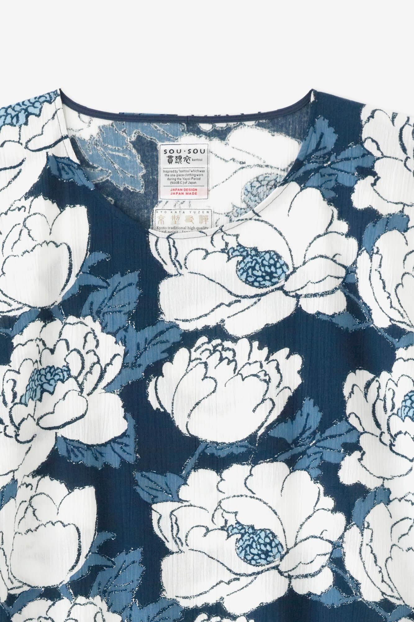 高島縮棉 20/20藍捺染長方形洋裝/牡丹華