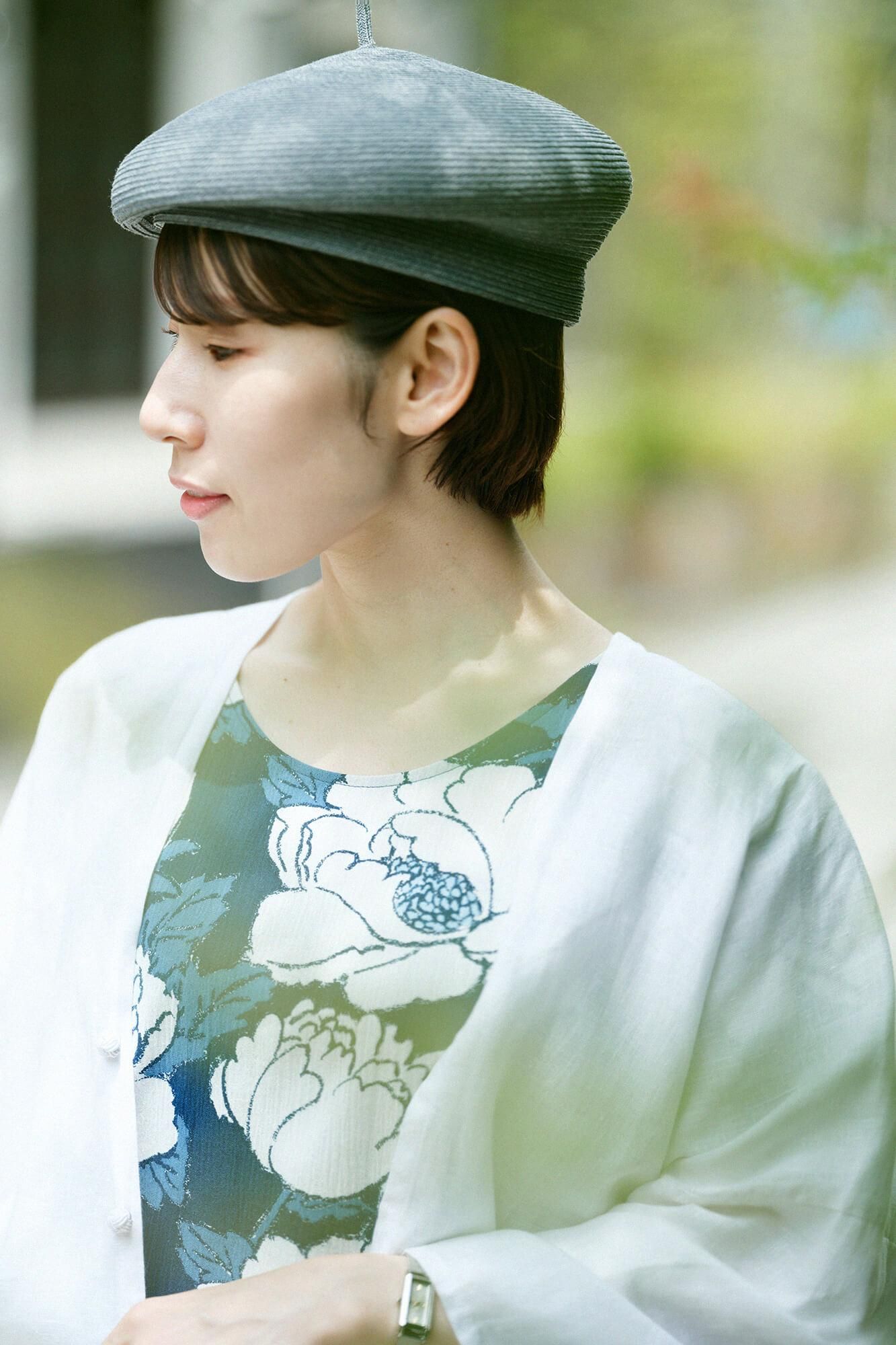 高島縮棉 20/20藍捺染長方形洋裝/牡丹華