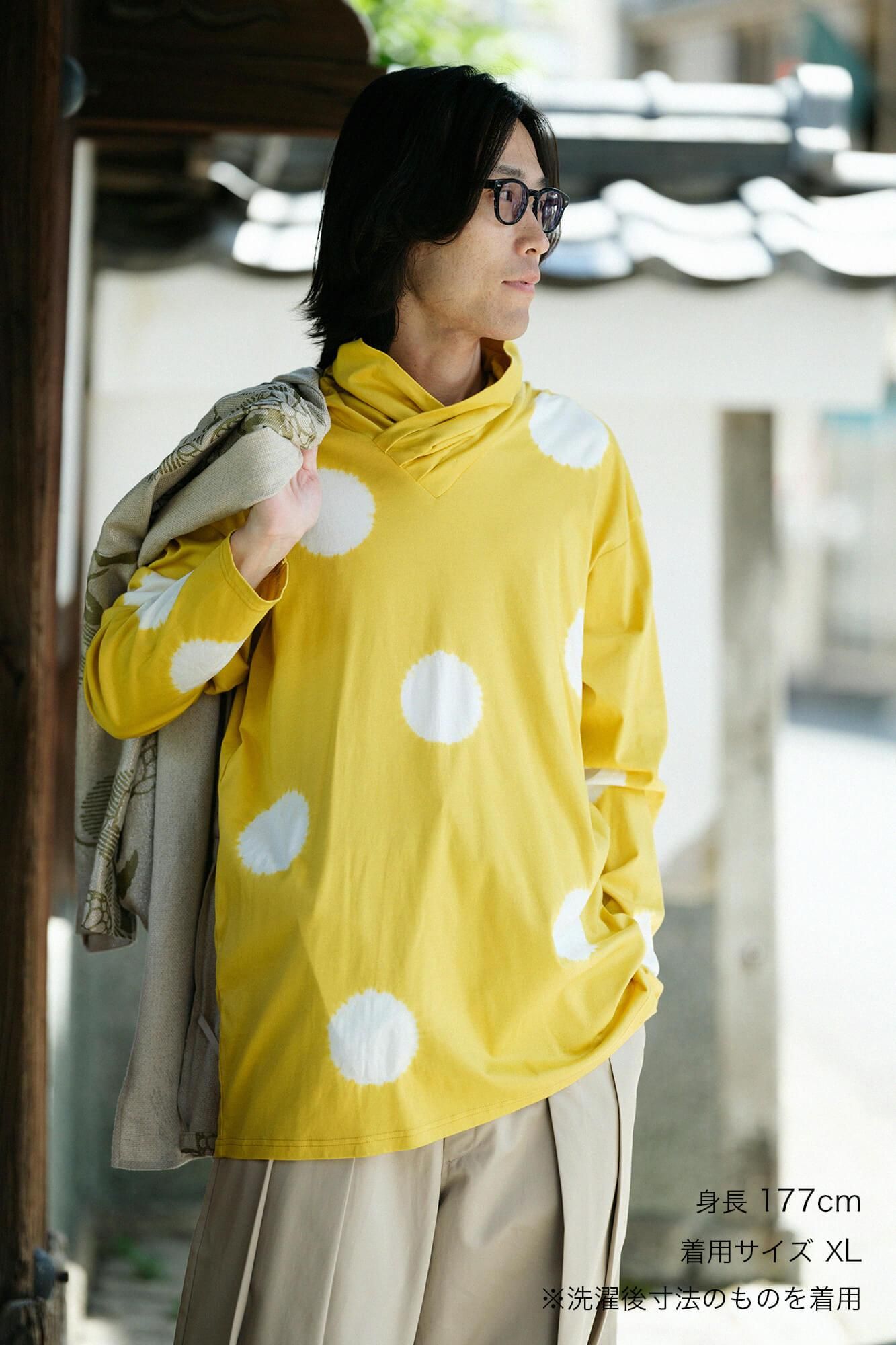 近清紮染 雙面編 高領上衣／大圓點 黃金色×乳白色