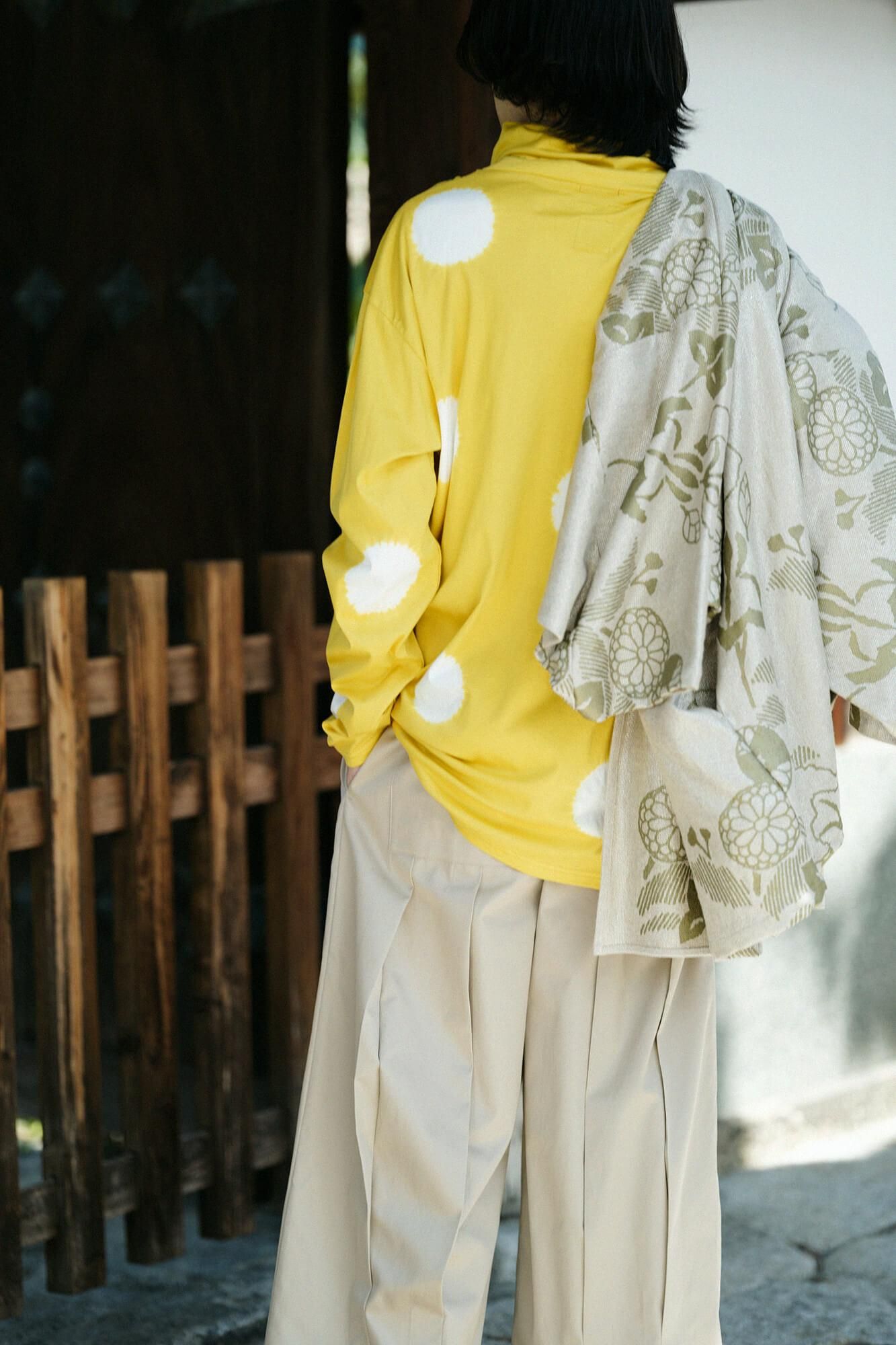 近清紮染 雙面編 高領上衣／大圓點 黃金色×乳白色