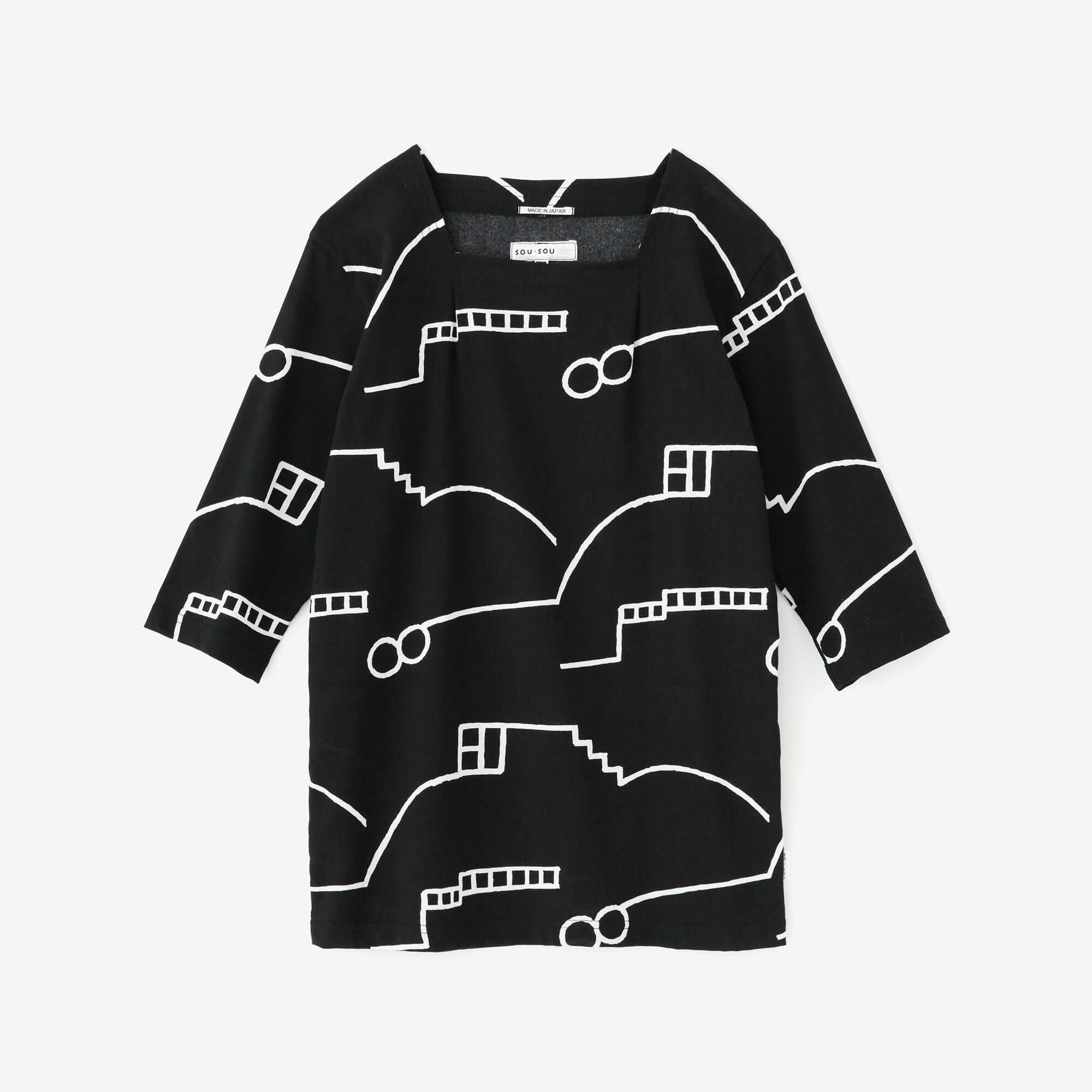 【net limited】Chizimi Cotton 40/40 Square Neck Shirt Elbow Length Sleeve／Chari Black