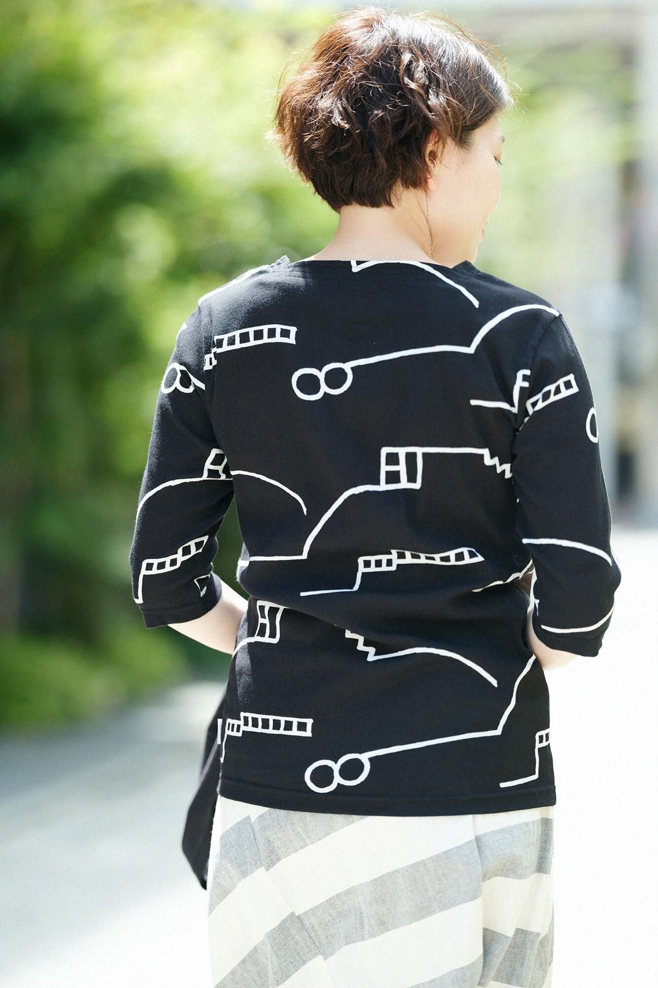 [僅在線]高島縮棉 40/40 方領上衣 六分袖／茶利 黑色