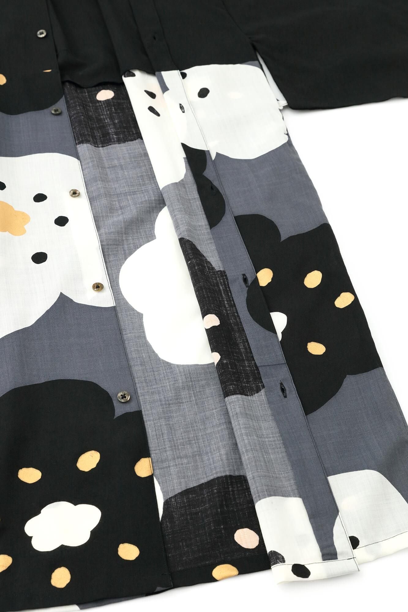 毛斯綸圓弧袖長襯衫／黑色×微笑 深灰色