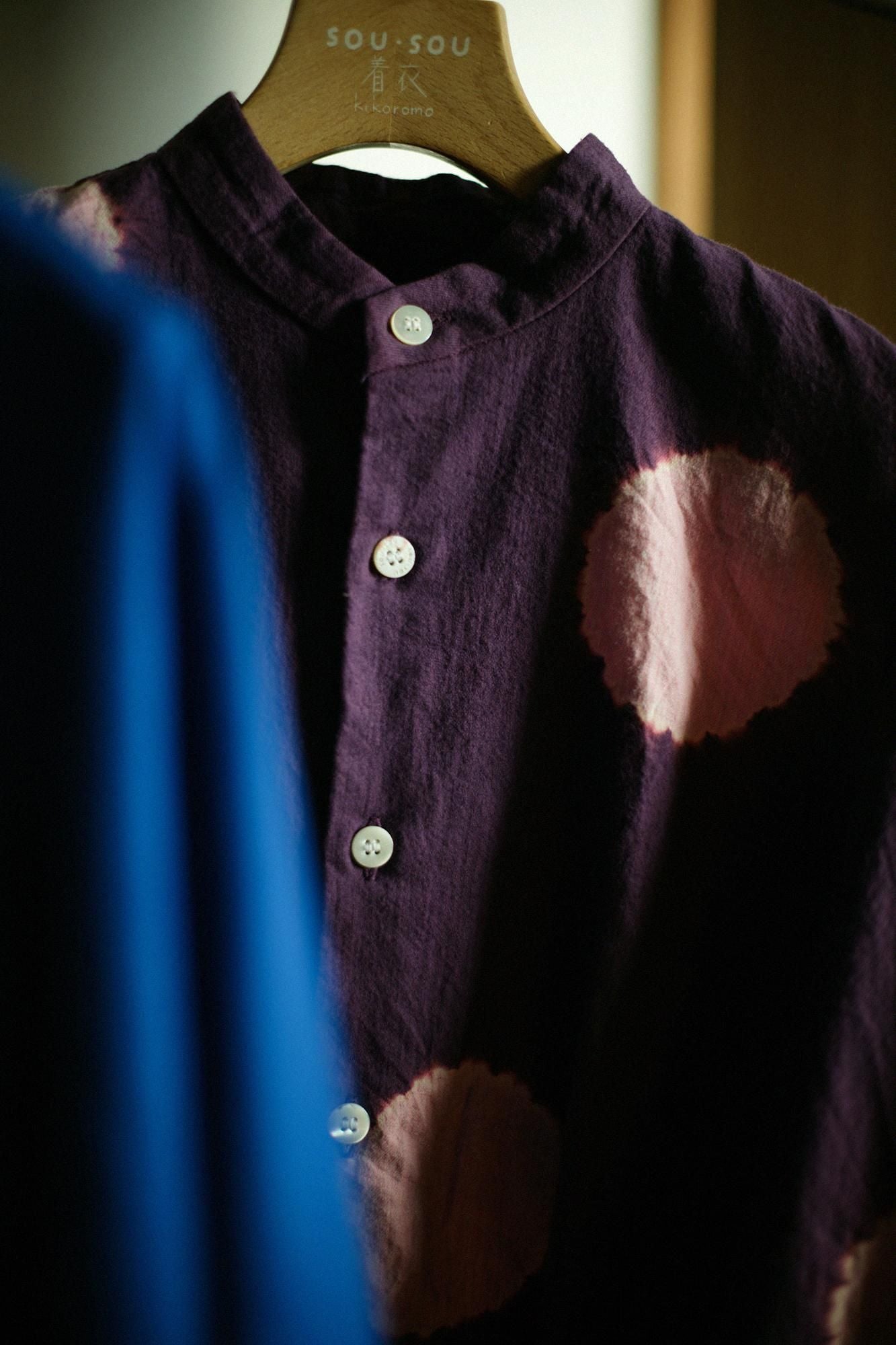 Konsei Tie-dye Cotton-wool Twill Weave Kimono Sleeve Blouse / Large Polka Dots Dark Purple x Pink