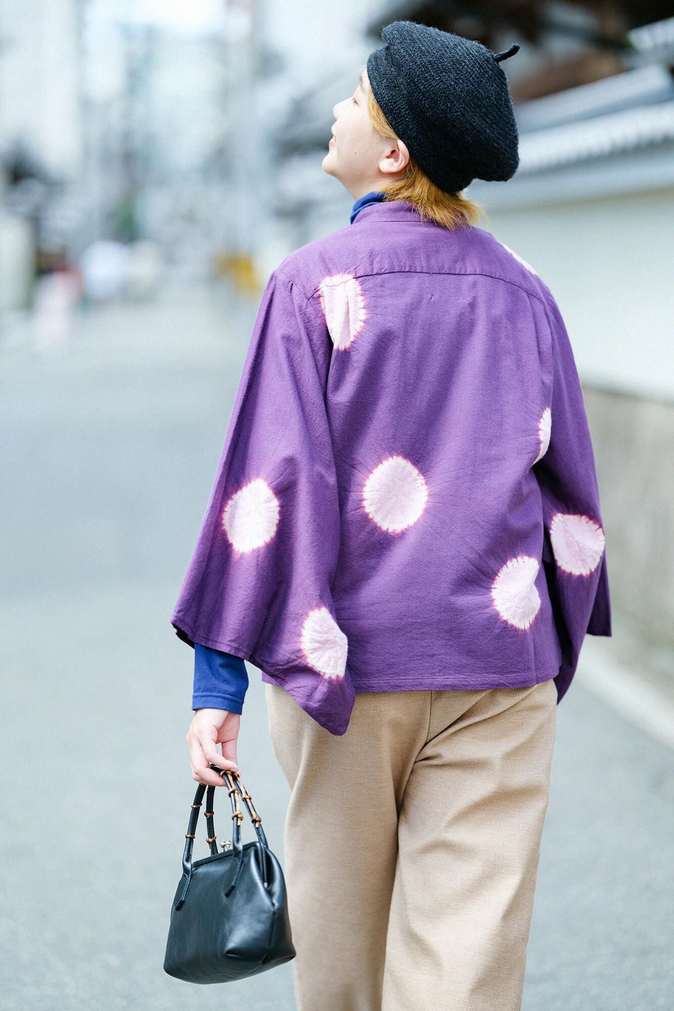 Konsei Tie-dye Cotton-wool Twill Weave Kimono Sleeve Blouse / Large Polka Dots Dark Purple x Pink