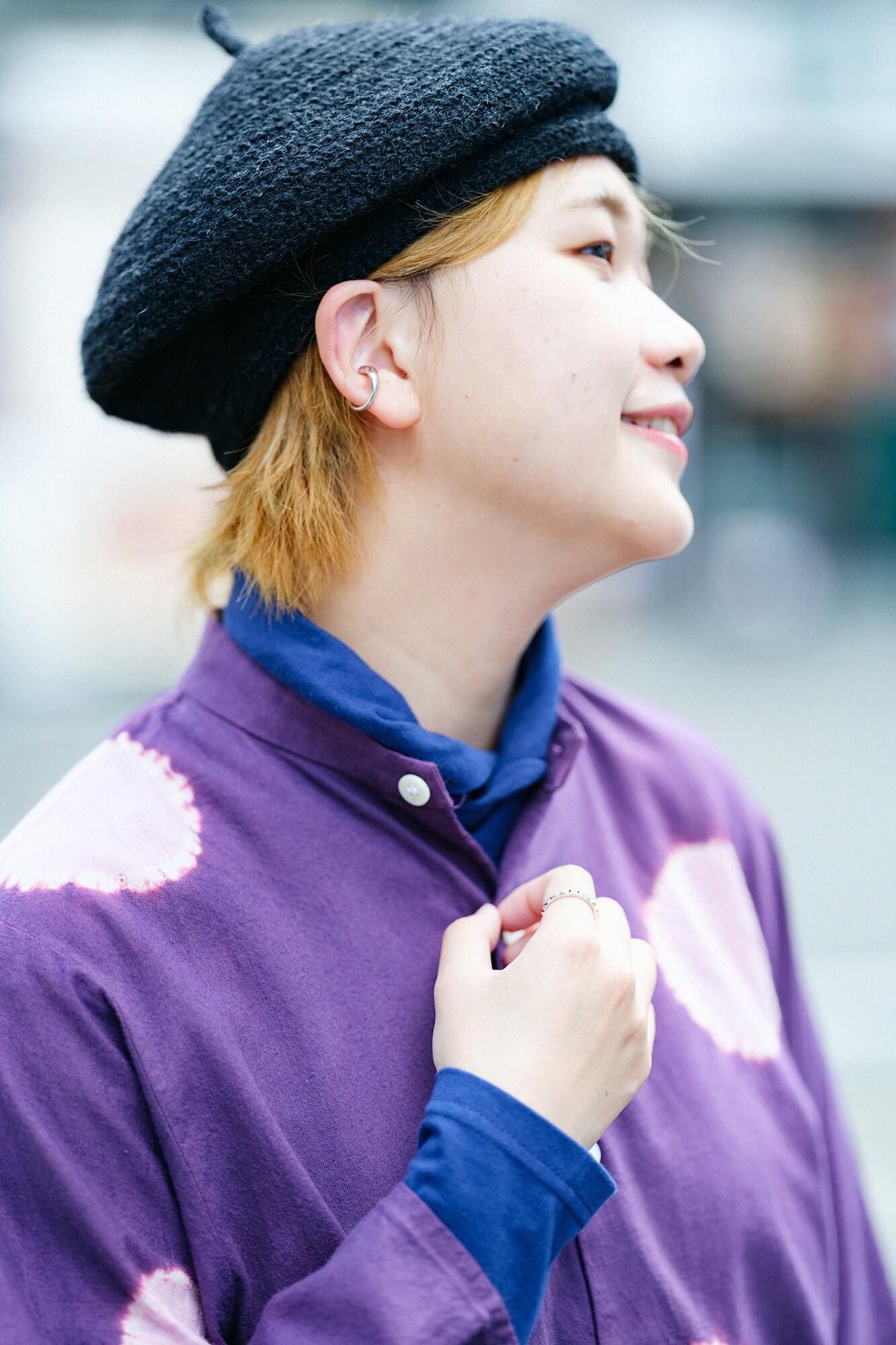 Konsei Tie-dye Cotton-wool Twill Weave Kimono Sleeve Blouse / Large Polka Dots Dark Purple x Pink