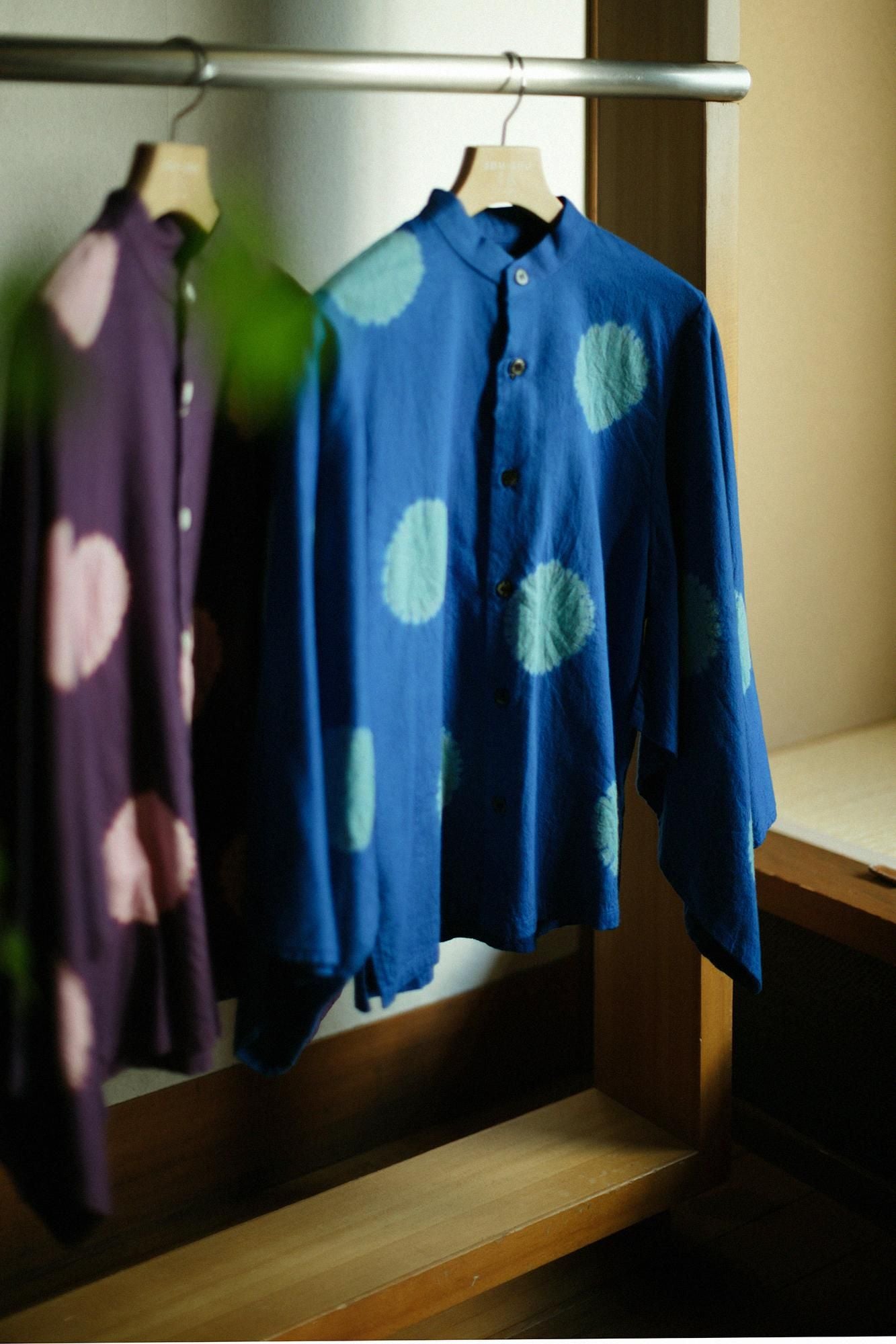 Konsei Tie-dye Cotton-wool Twill Weave Kimono Sleeve Blouse / Large Polka Dots Dark Purple x Pink