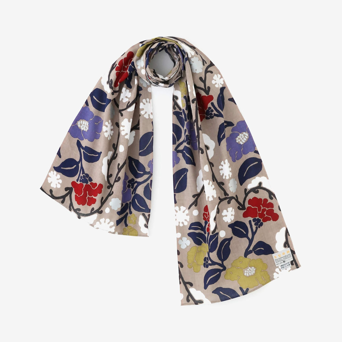 伊勢木綿 くびまき／雪持柳（ゆきもちやなぎ）に椿（つばき）