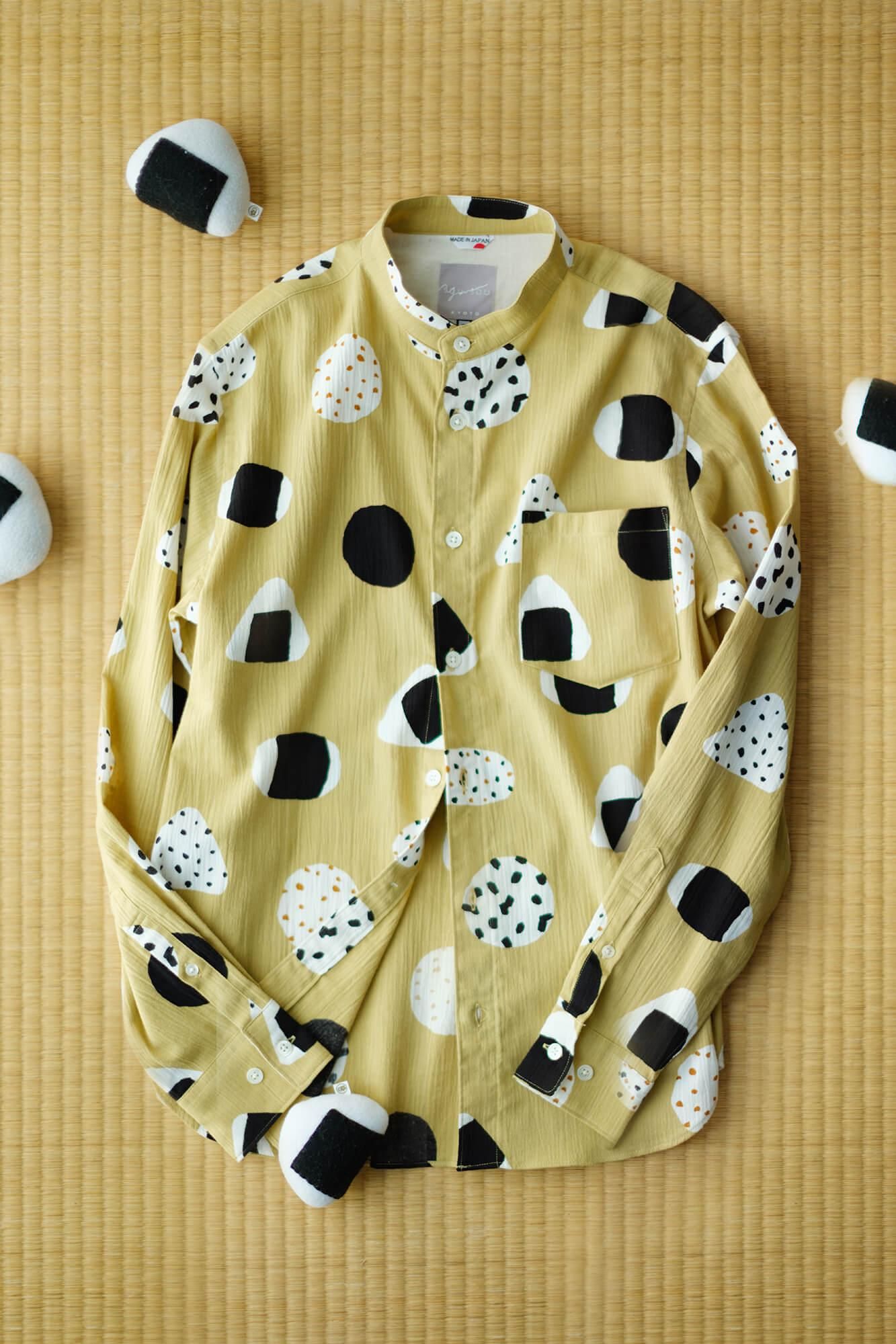 Chizimi Cotton 20/20 Stand Collar Long-sleeved Shirt / Rice Balls