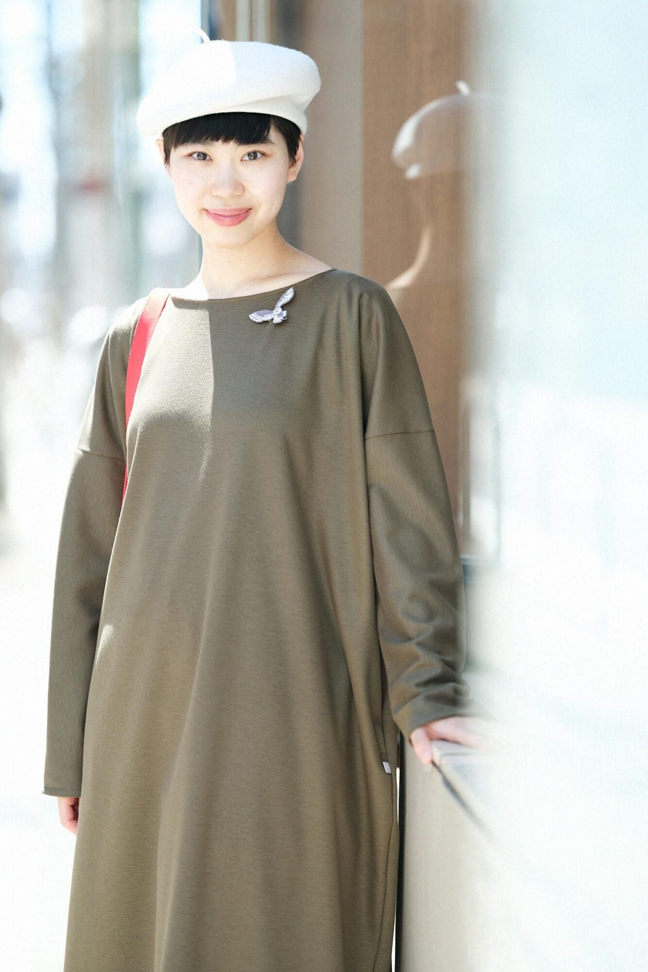 Wool Blend Ponte Fabric Boat Neck L/S One-piece Dress / Brownish Olive Green