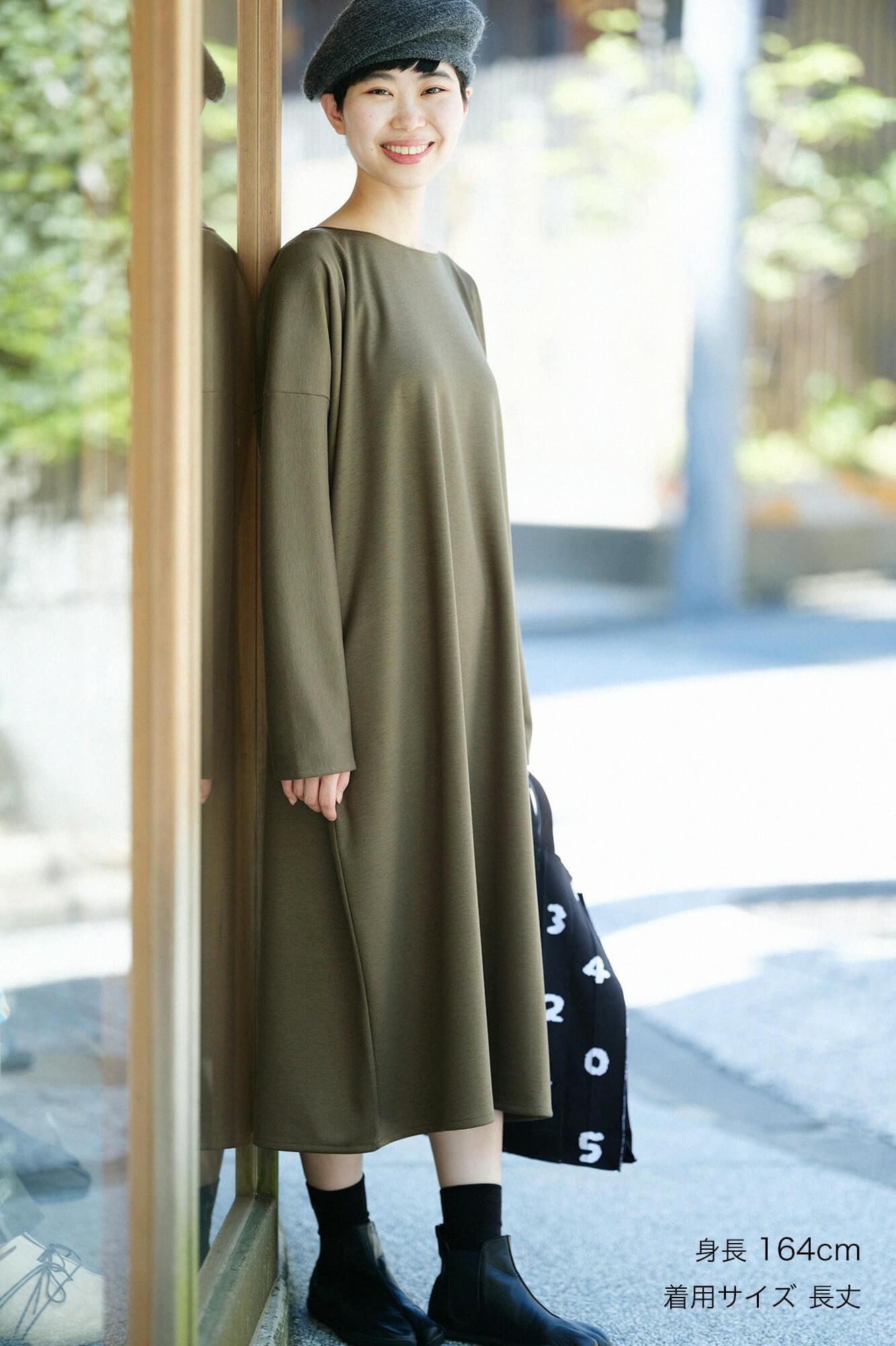 Wool Blend Ponte Fabric Boat Neck L/S One-piece Dress / Brownish Olive Green