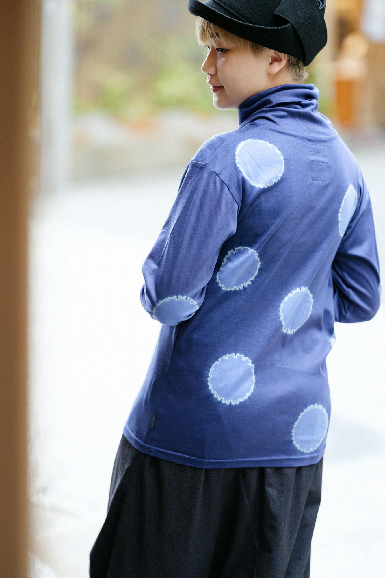 近清紮染 雙面編 高領上衣／大圓點 寶藍色×薰衣草紫