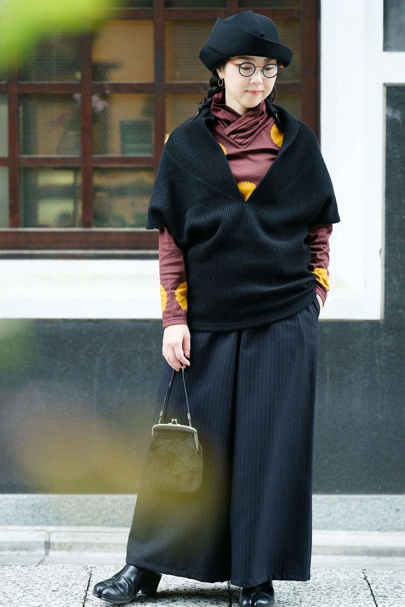 近清紮染 雙面編 高領上衣／大圓點 棕色×琥珀色