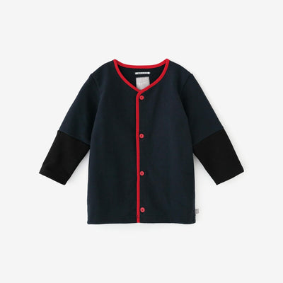 ●內抓毛雙色袖外套深藍色/ ×黑色