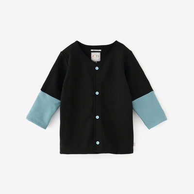 ●內抓毛雙色袖外套黑色/ ×藍綠色