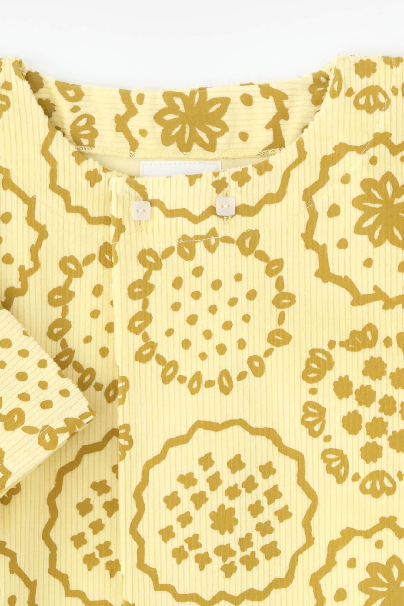 ●燈芯絨 圓弧袖貫頭衣／花刺繡 淺黃色