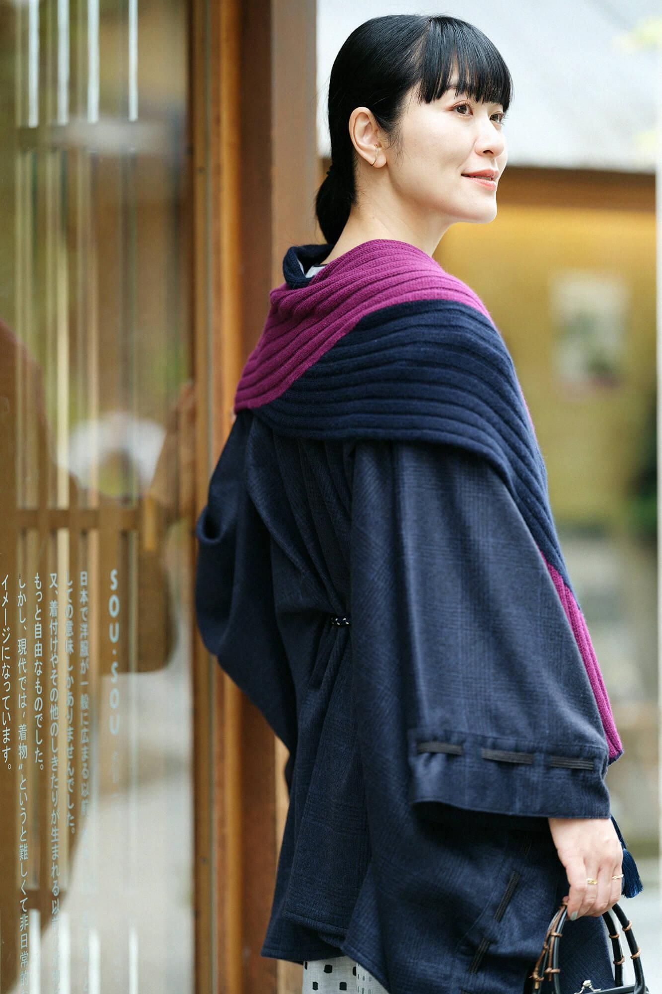 SOU・SOU×ALPHA羊絨 枯山水圍巾／暗藍色×京紫