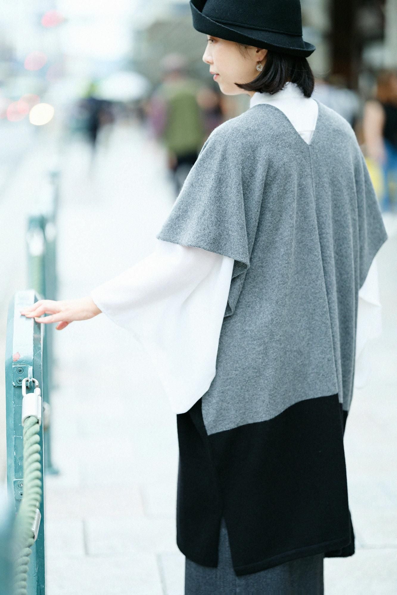 SOU・SOU×ALPHA 羊絨混紡 長方形洋裝 拼接 雙色／灰墨色×黑色