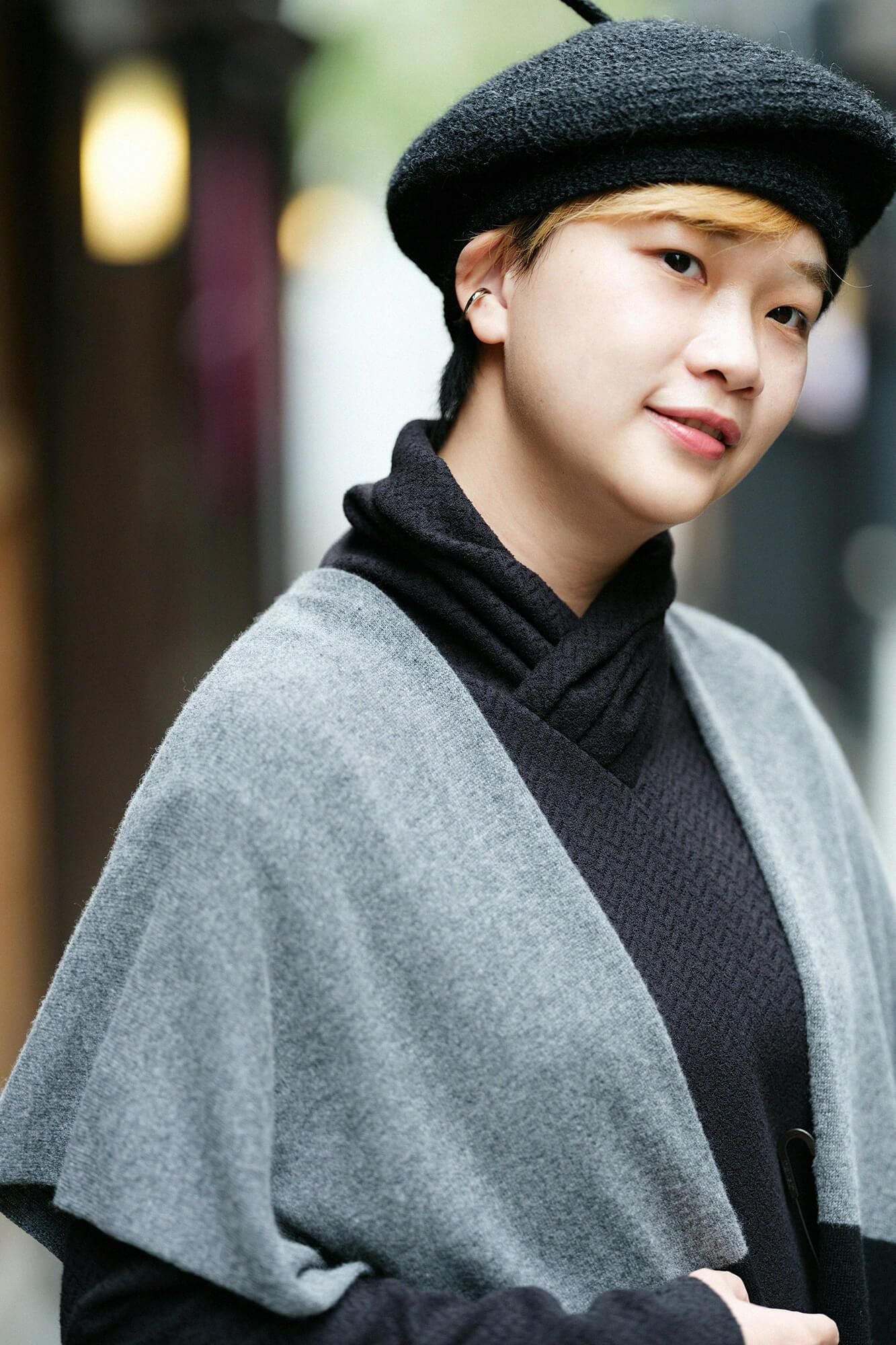 SOU・SOU×ALPHA 羊絨混紡 長方形洋裝 拼接 雙色／灰墨色×黑色