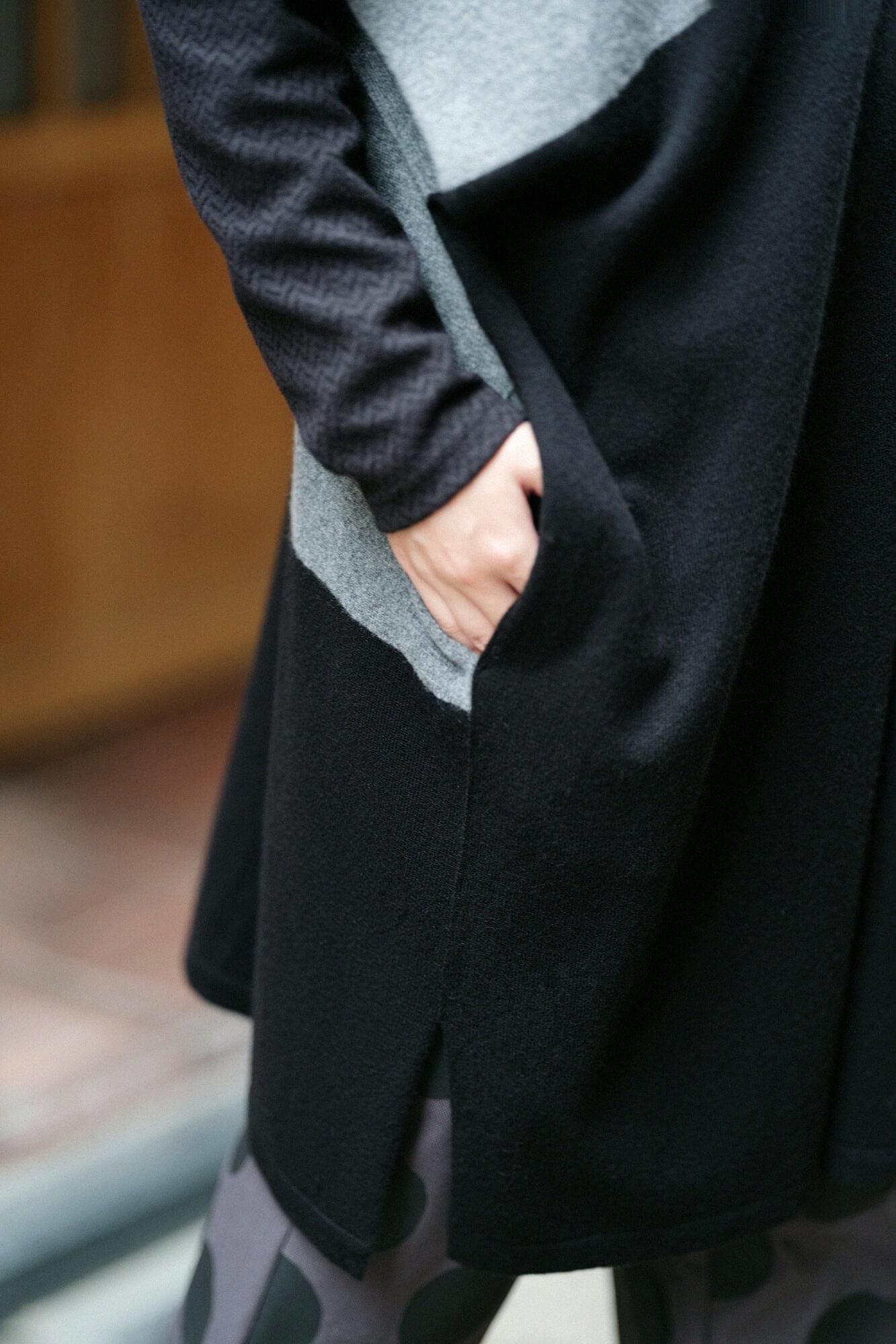 SOU・SOU×ALPHA 羊絨混紡 長方形洋裝 拼接 雙色／灰墨色×黑色