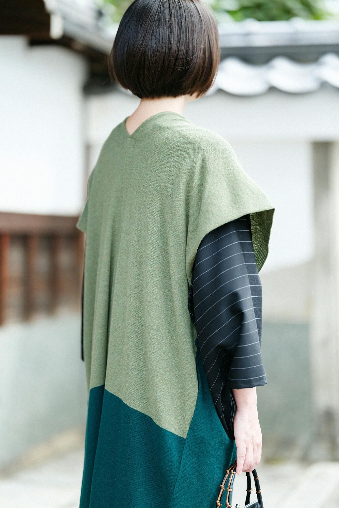SOU・SOU×ALPHA Cashmere Blended Rectangular Long Open Vest Bi-color / Moss Green×Green