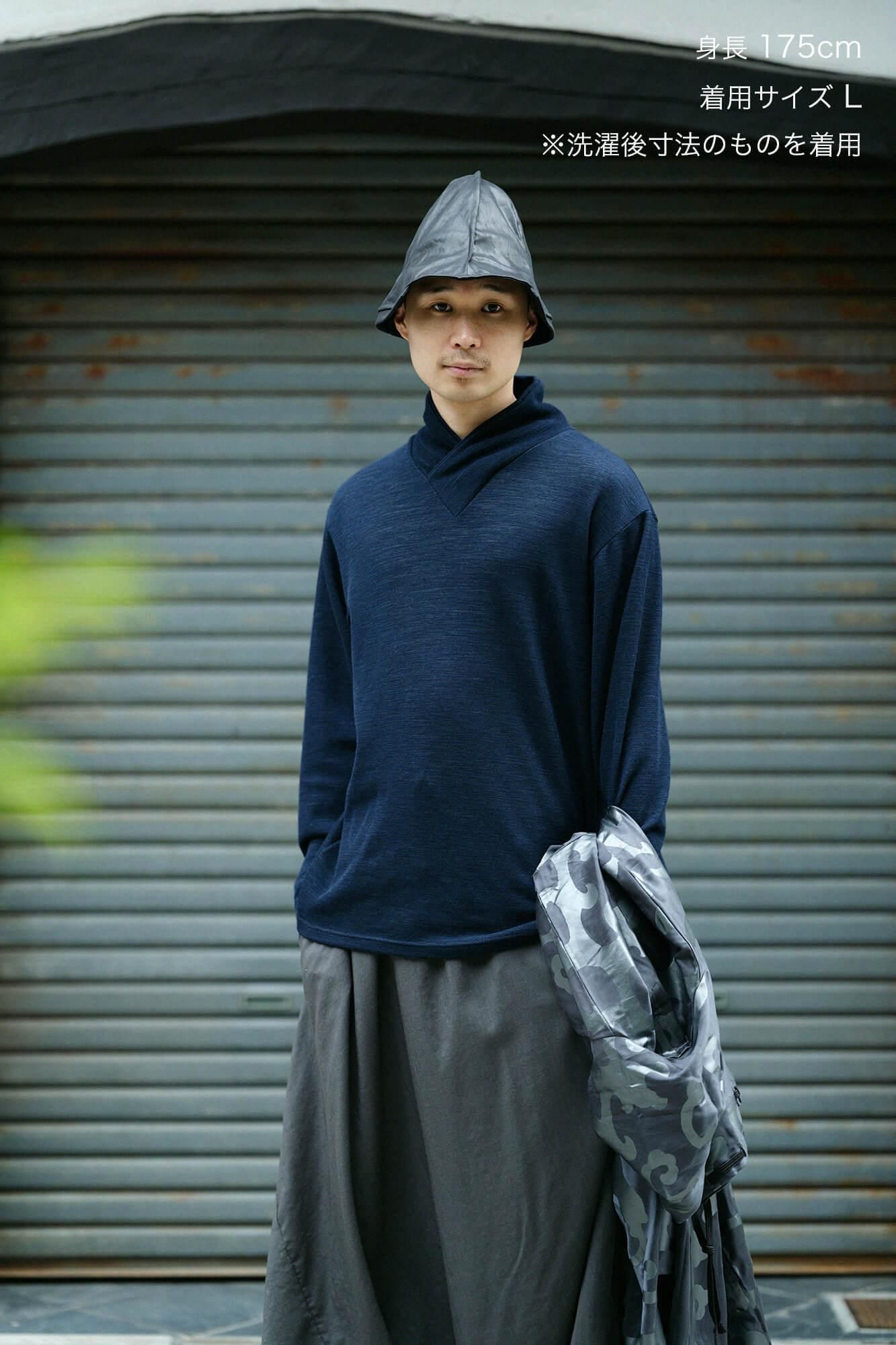 雙層 鹿之子編 半衿秋聲 高領上衣／深藍色