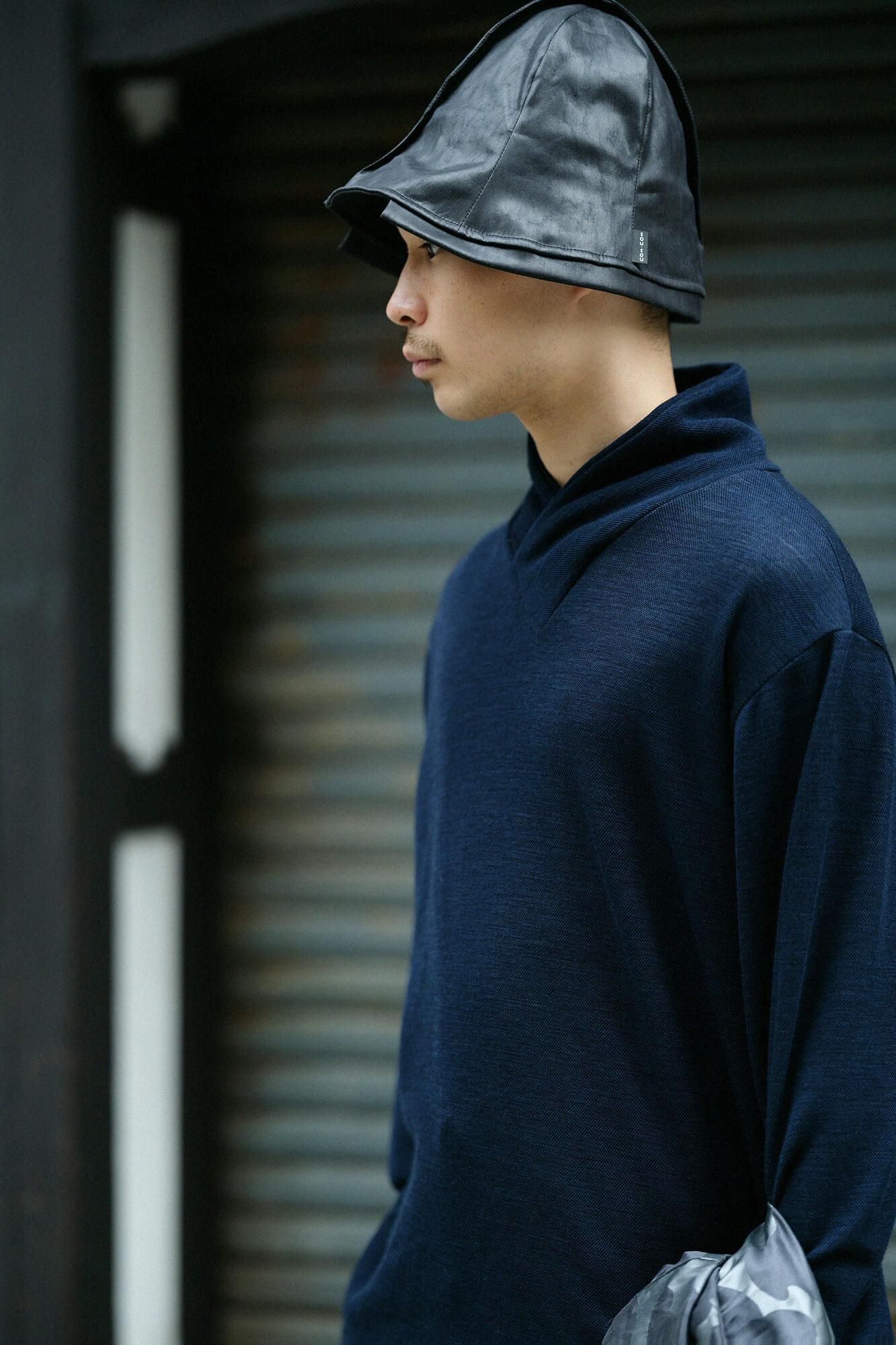 雙層 鹿之子編 半衿秋聲 高領上衣／深藍色