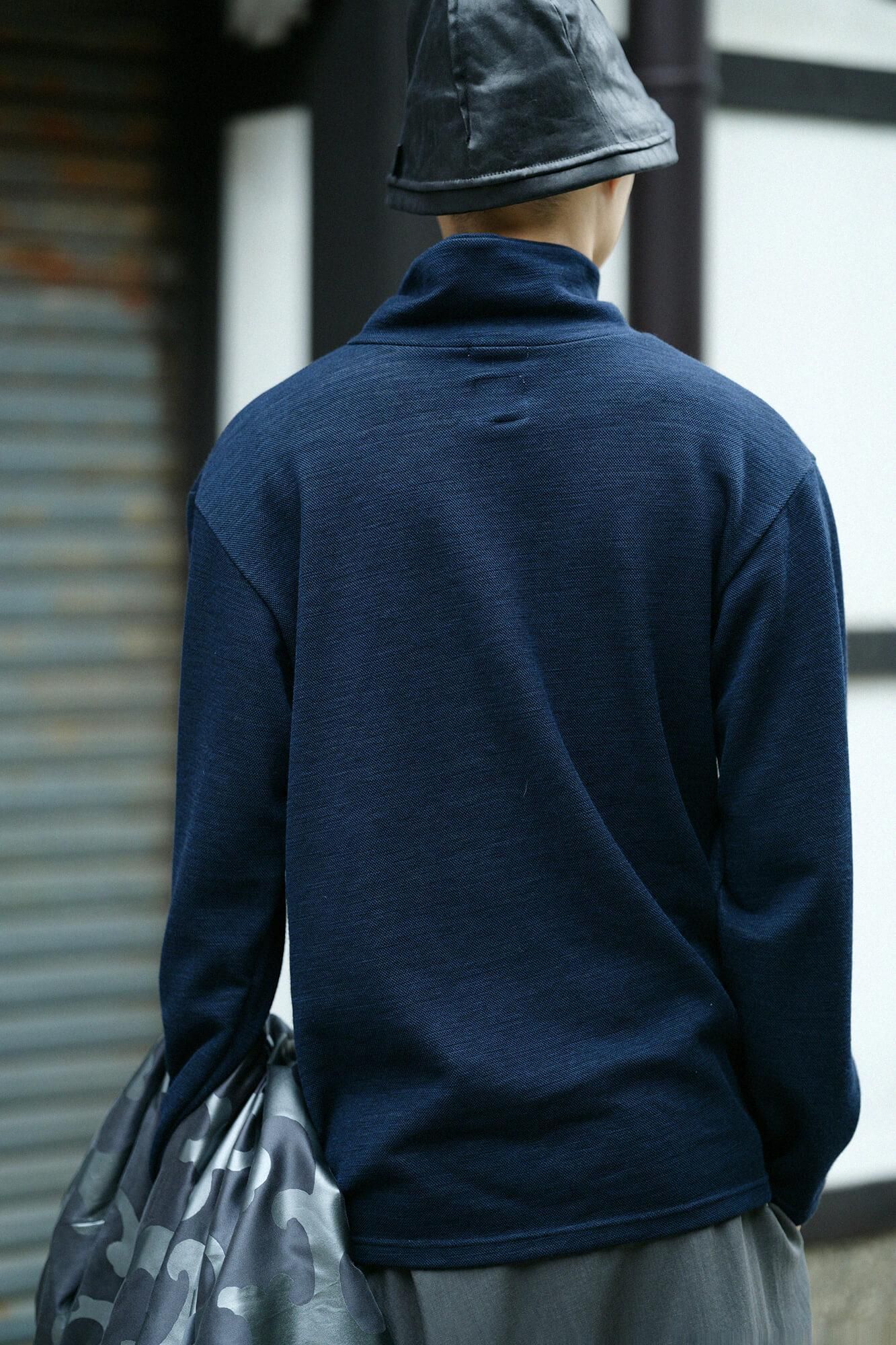 雙層 鹿之子編 半衿秋聲 高領上衣／深藍色