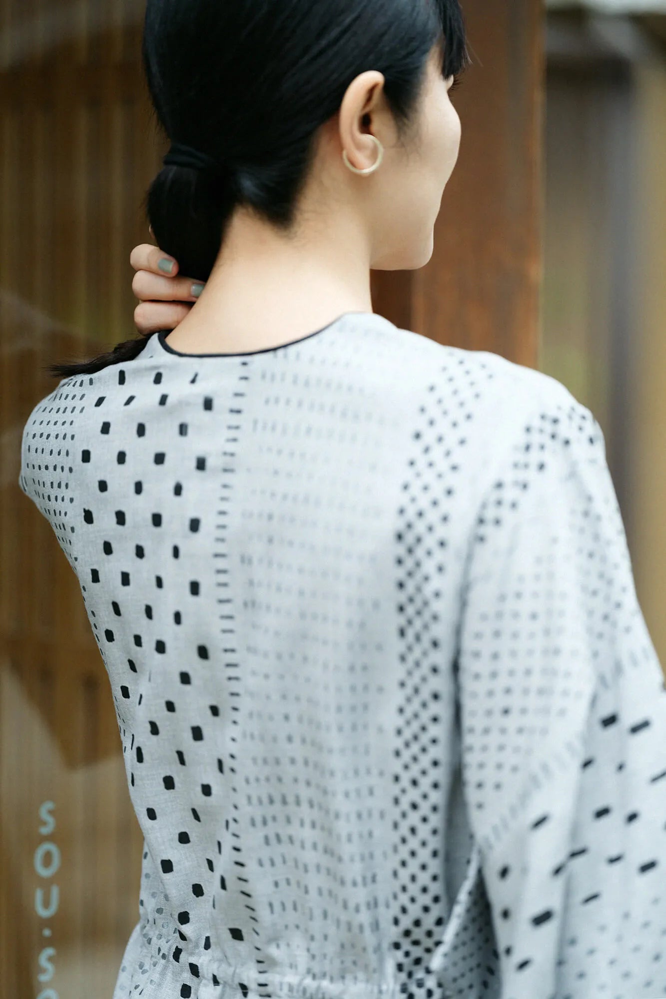 【net limited】Combed Yarn（So-mo) Double V-neck Kimono Dress／Hail Stripesand Blank Silver Grey